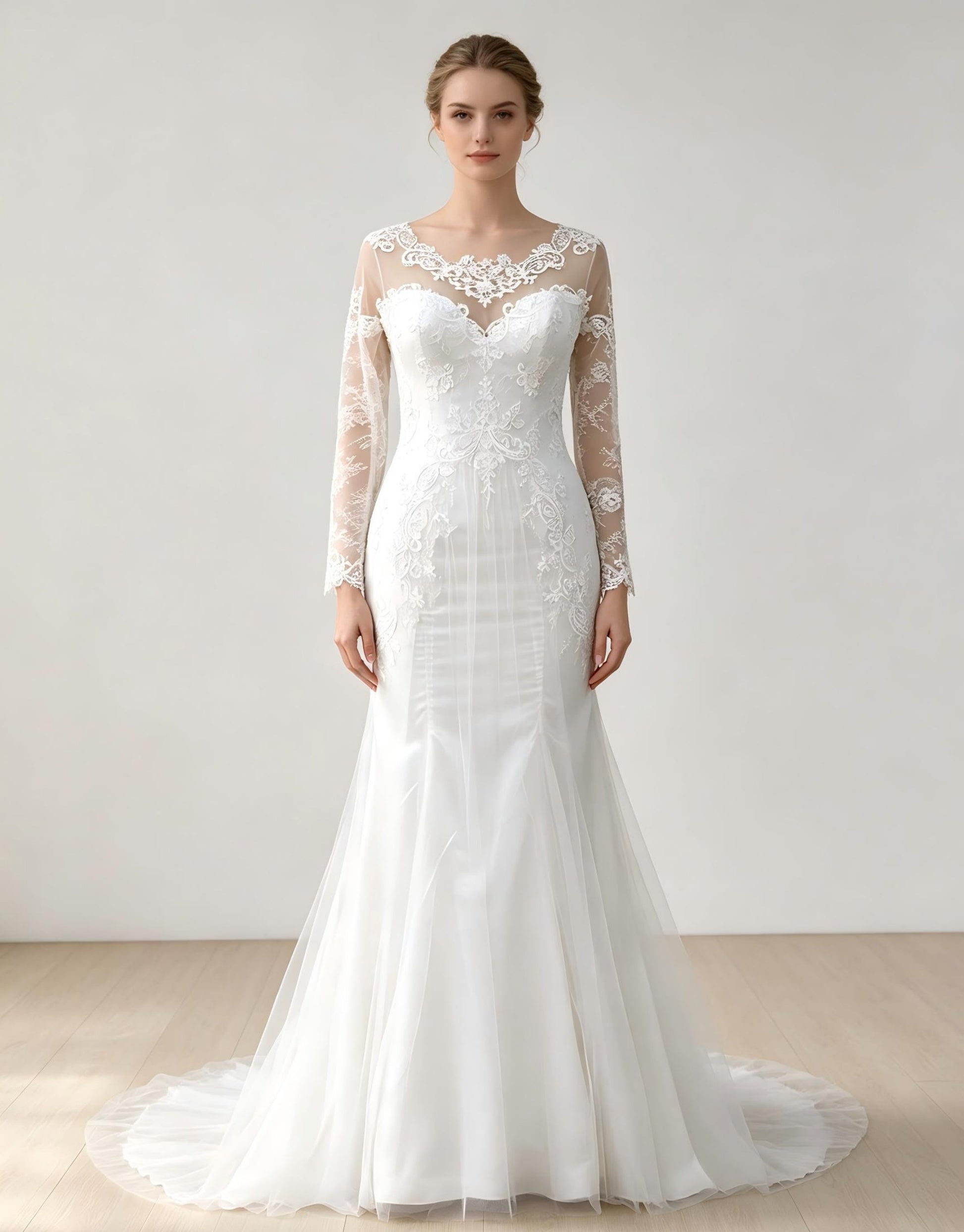 Long Sleeve Mermaid Wedding Dress with Illusion Neckline Lace Appliqués & Chapel Train