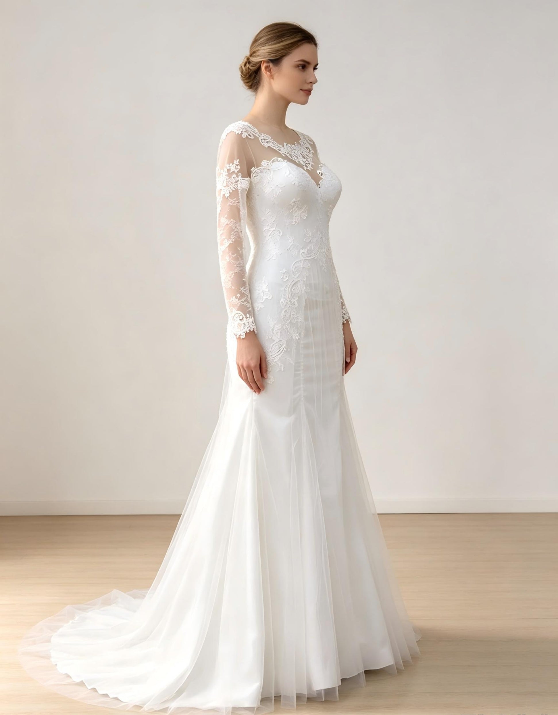 Long Sleeve Mermaid Wedding Dress with Illusion Neckline Lace Appliqués & Chapel Train