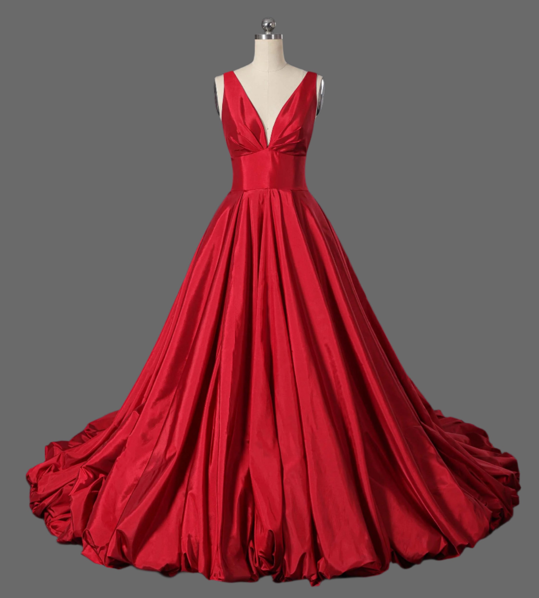 Long V-Neck Taffeta Ball Gown with Pleated Bodice