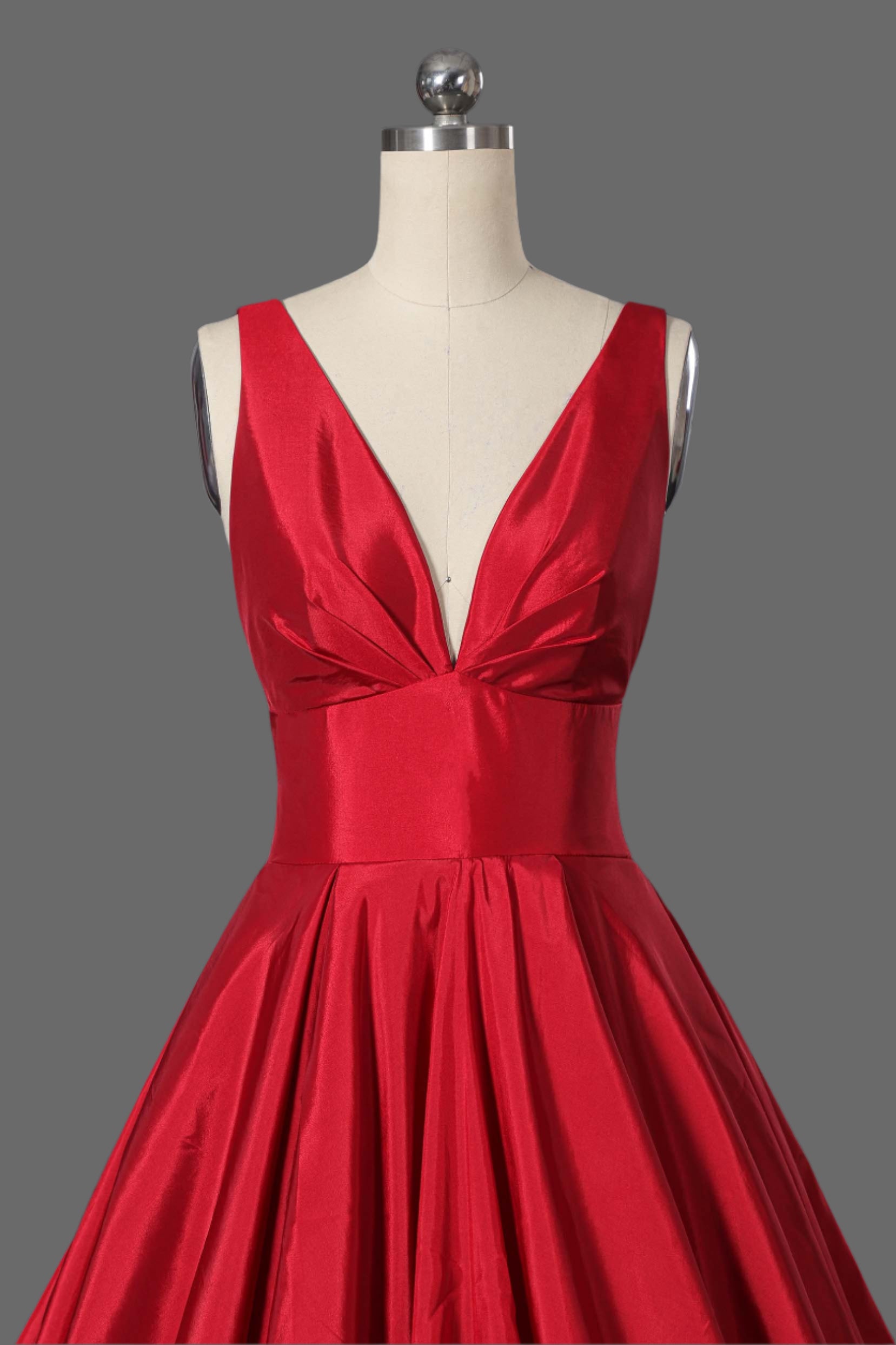 Long V-Neck Taffeta Ball Gown with Pleated Bodice