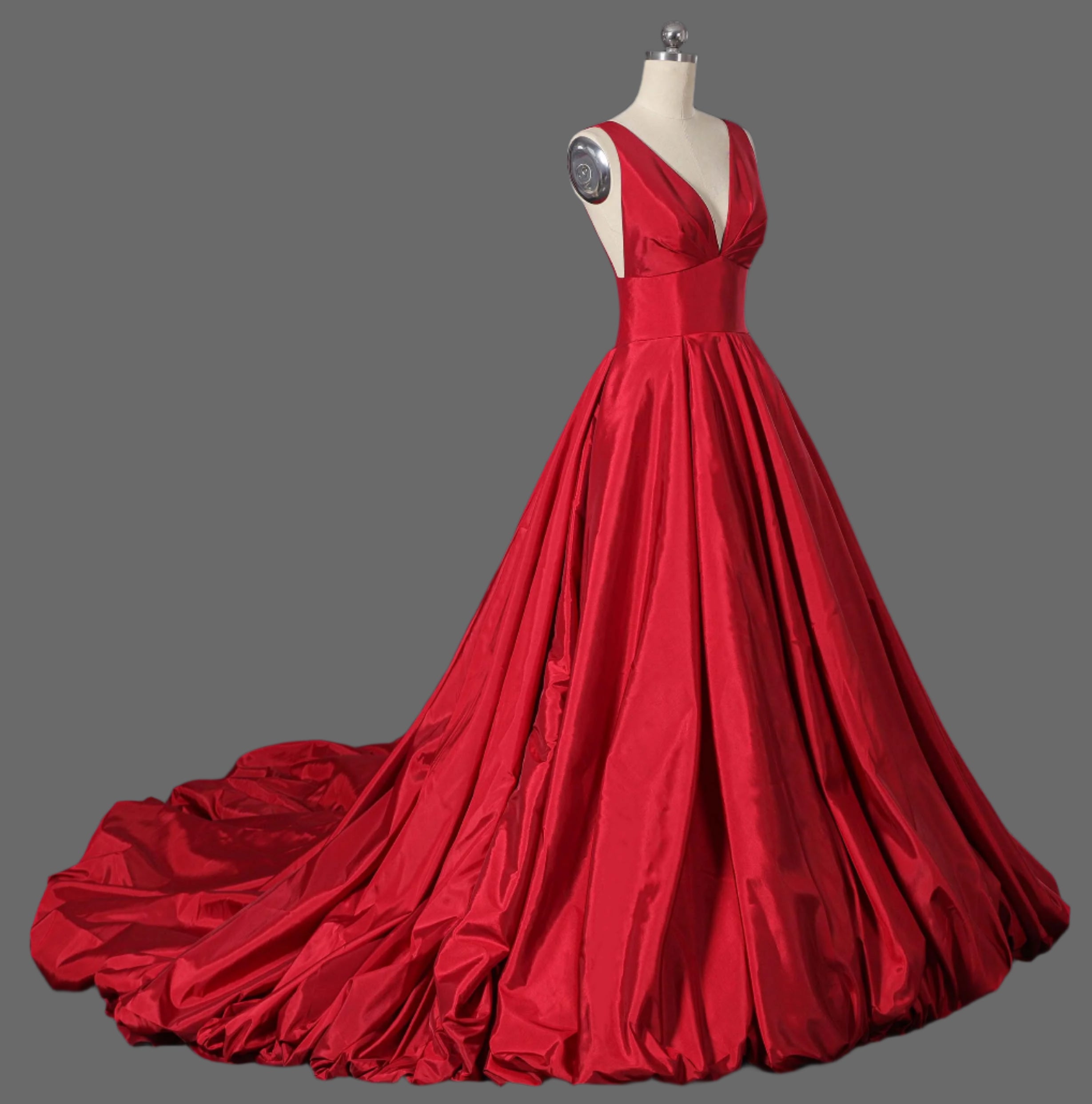 Long V-Neck Taffeta Ball Gown with Pleated Bodice