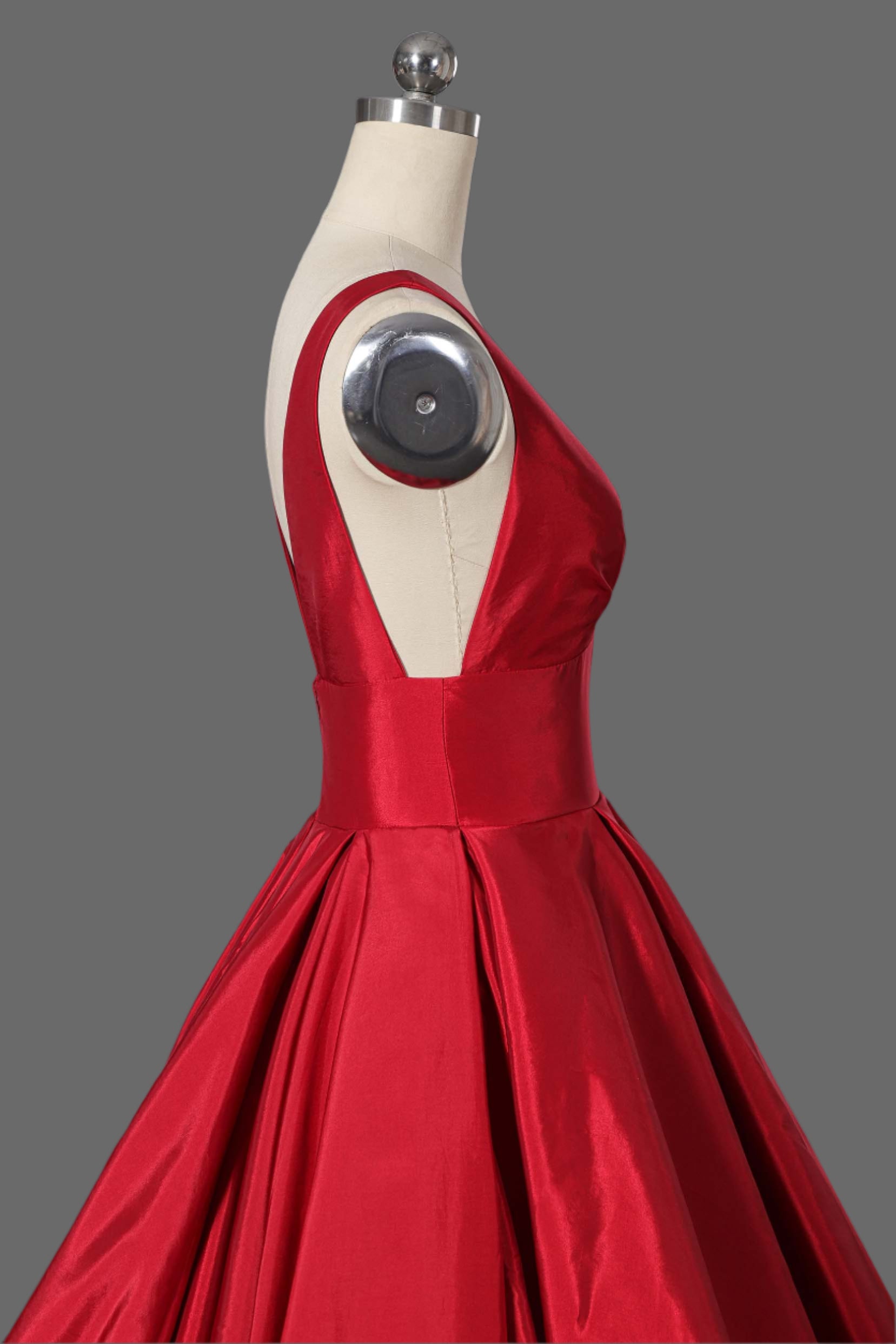 Long V-Neck Taffeta Ball Gown with Pleated Bodice