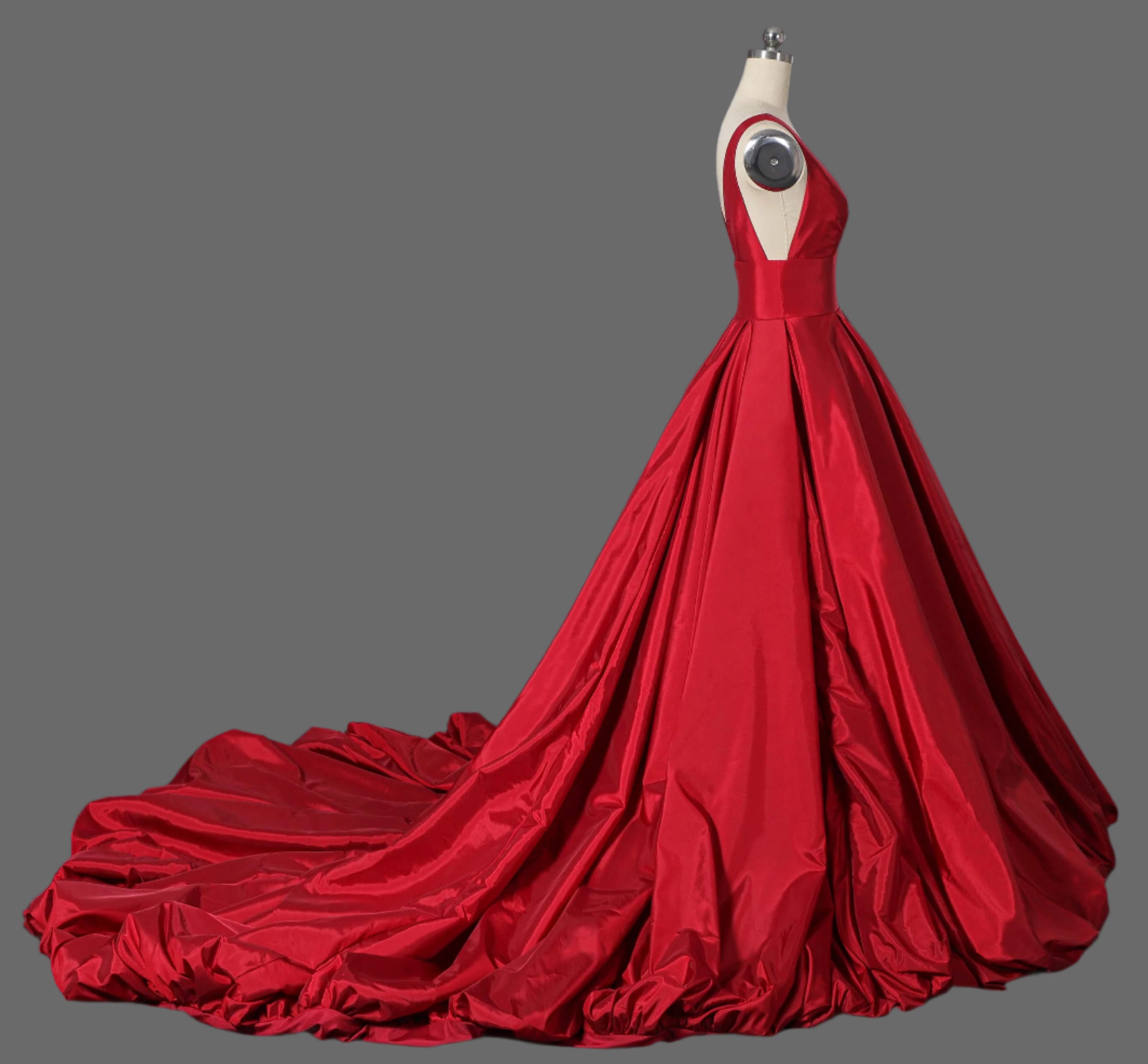 Long V-Neck Taffeta Ball Gown with Pleated Bodice