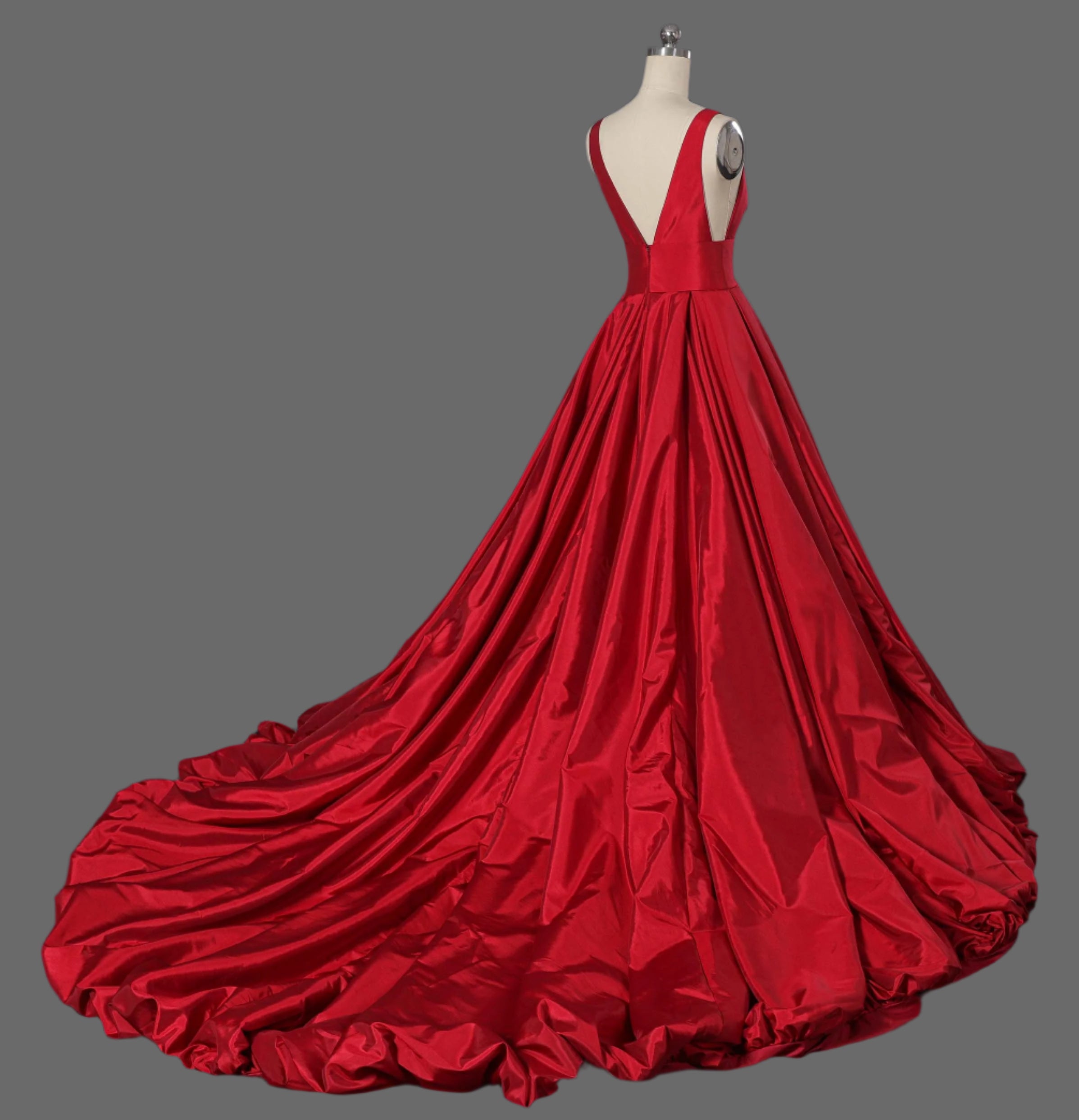 Long V-Neck Taffeta Ball Gown with Pleated Bodice