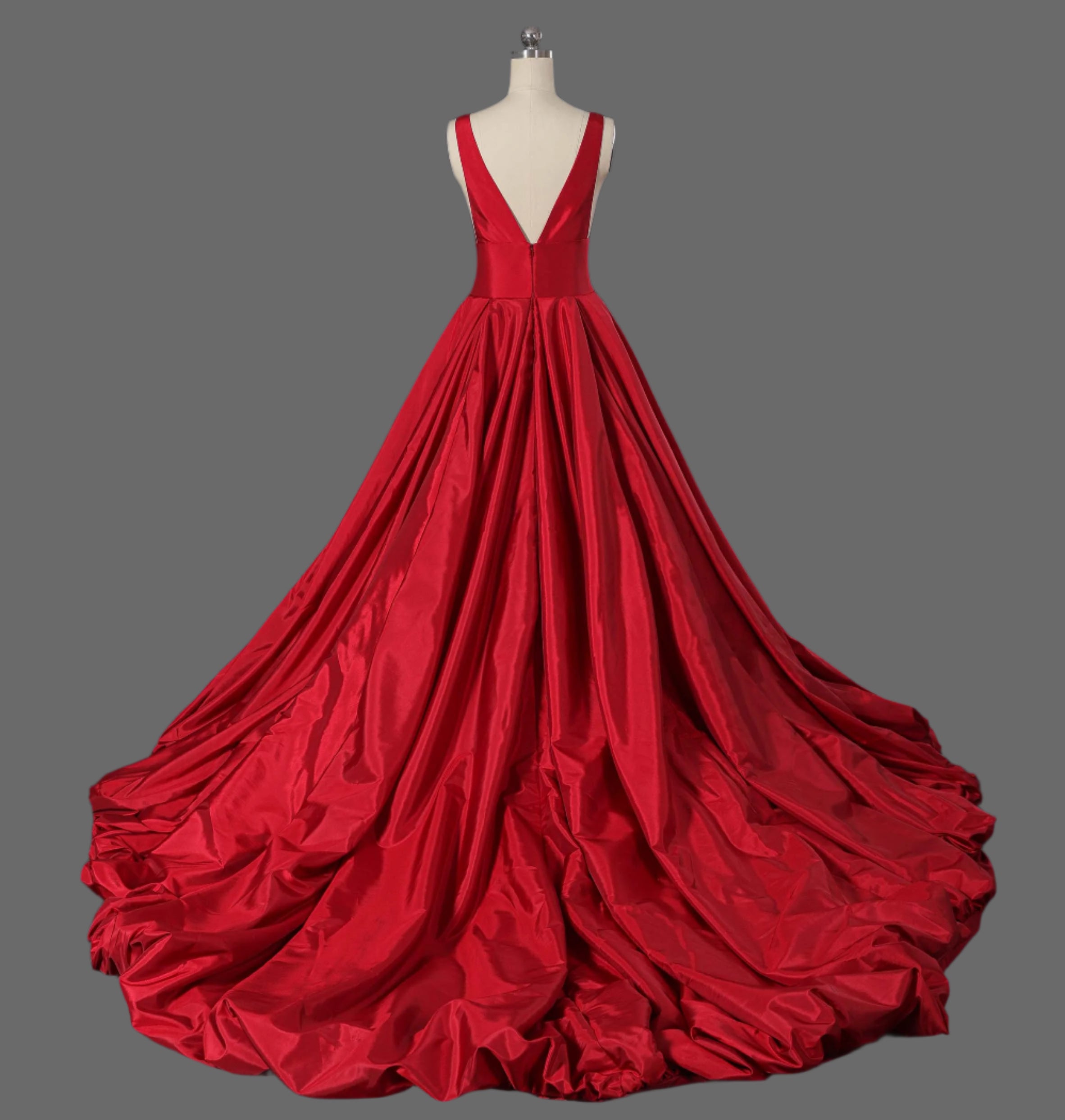 Long V-Neck Taffeta Ball Gown with Pleated Bodice