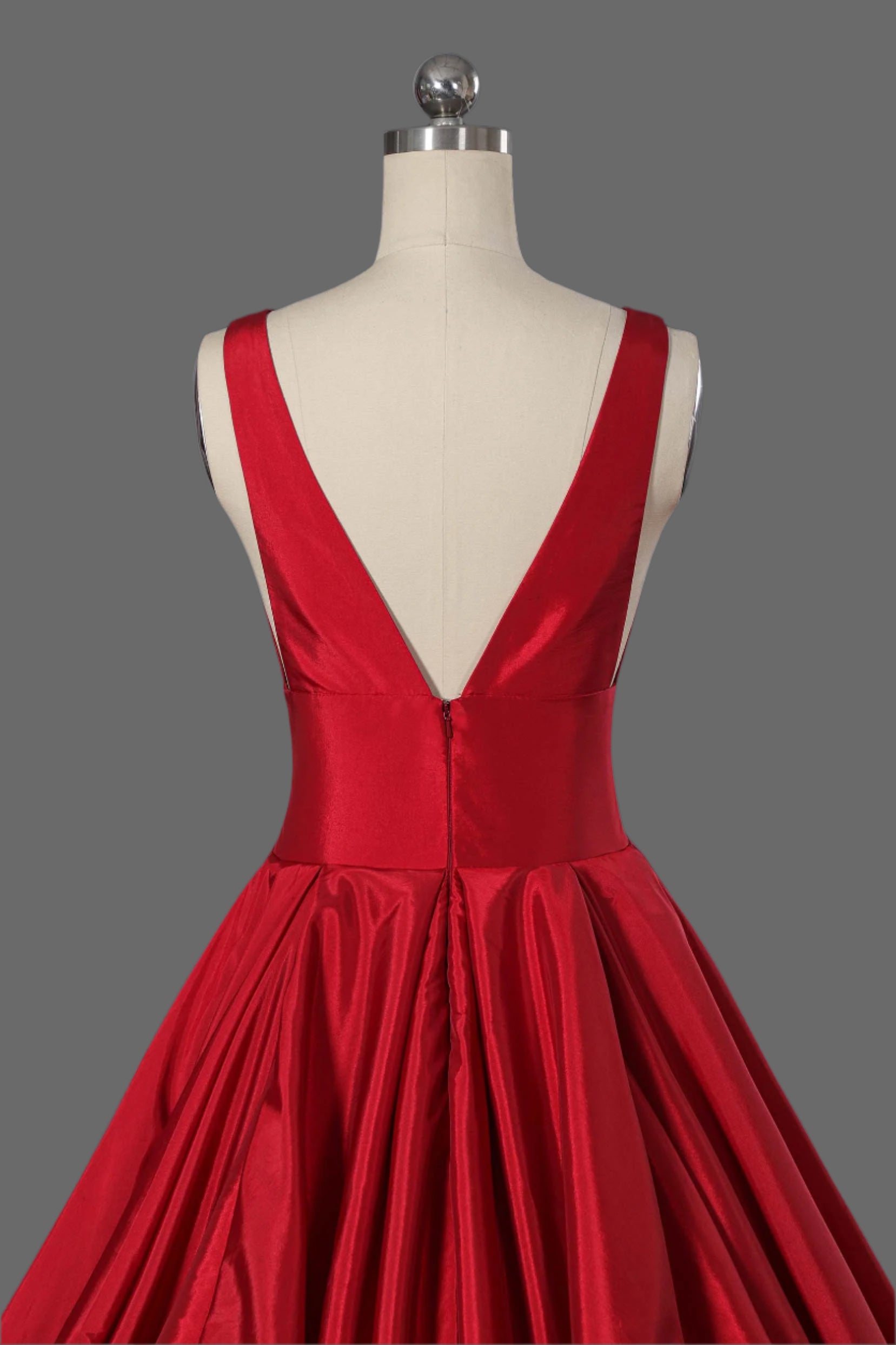 Long V-Neck Taffeta Ball Gown with Pleated Bodice