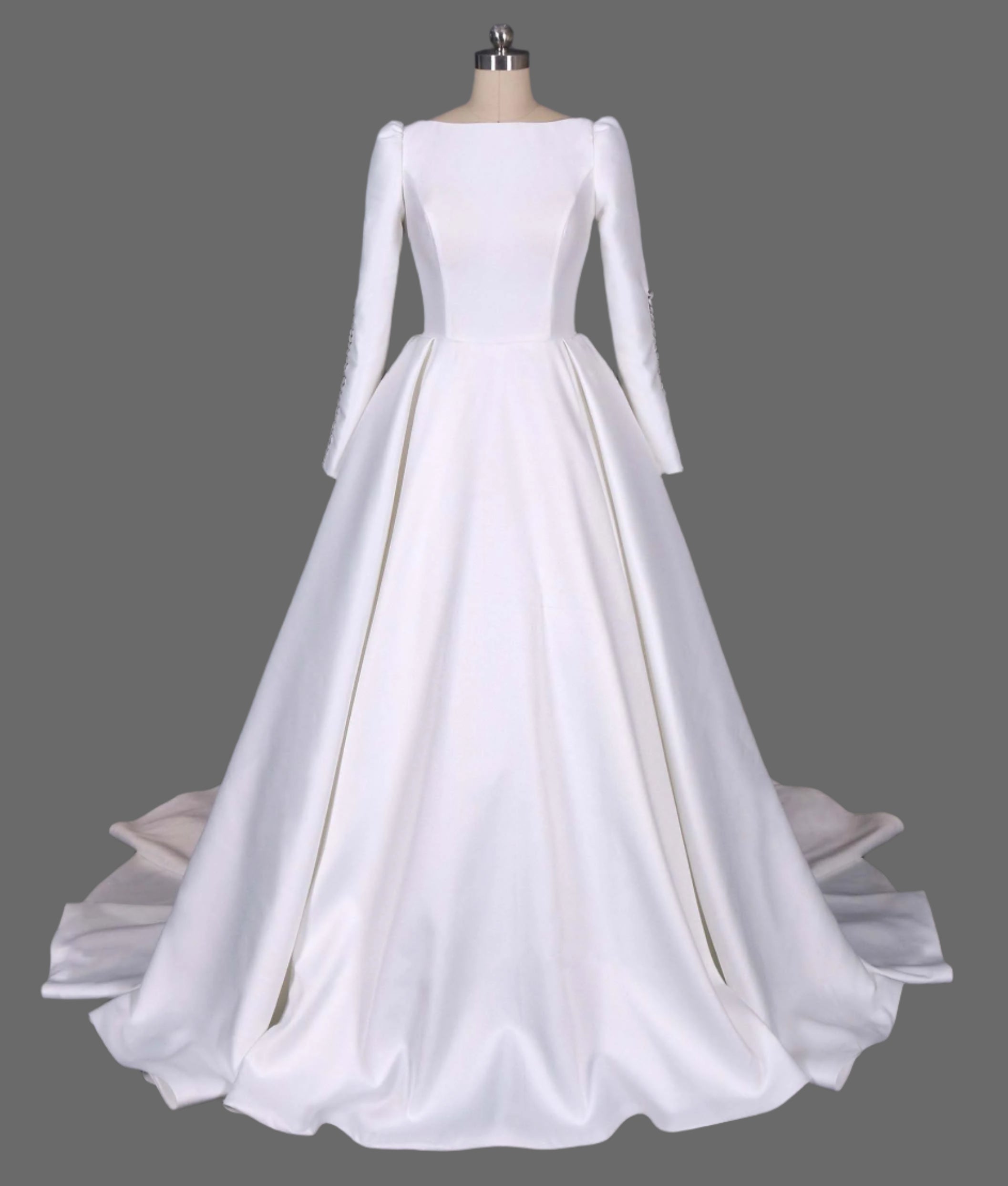 Luxurious Satin Long Sleeve Wedding Dress with Cathedral Train