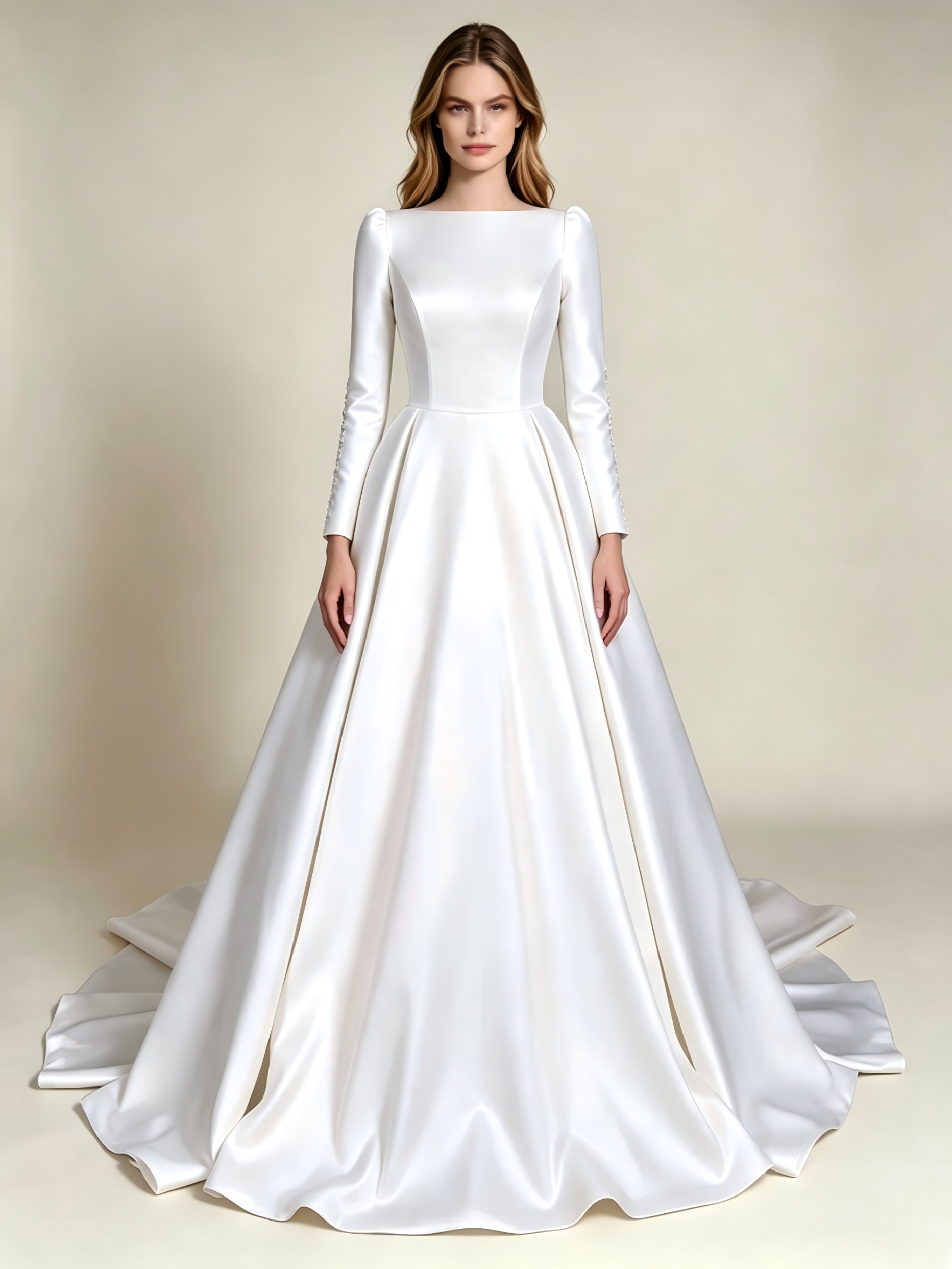 Luxurious Satin Long Sleeve Wedding Dress with Cathedral Train
