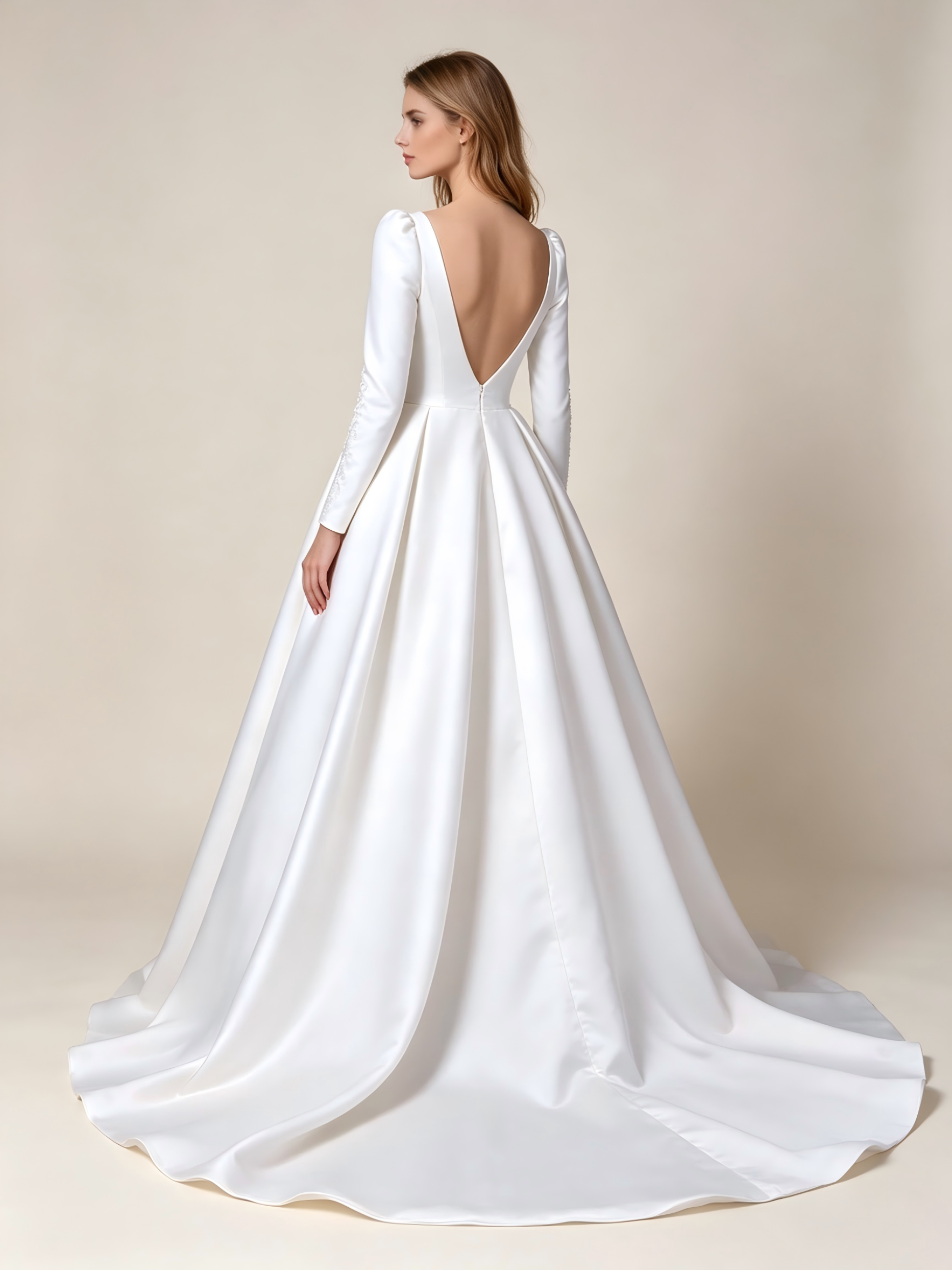 Luxurious Satin Long Sleeve Wedding Dress with Cathedral Train