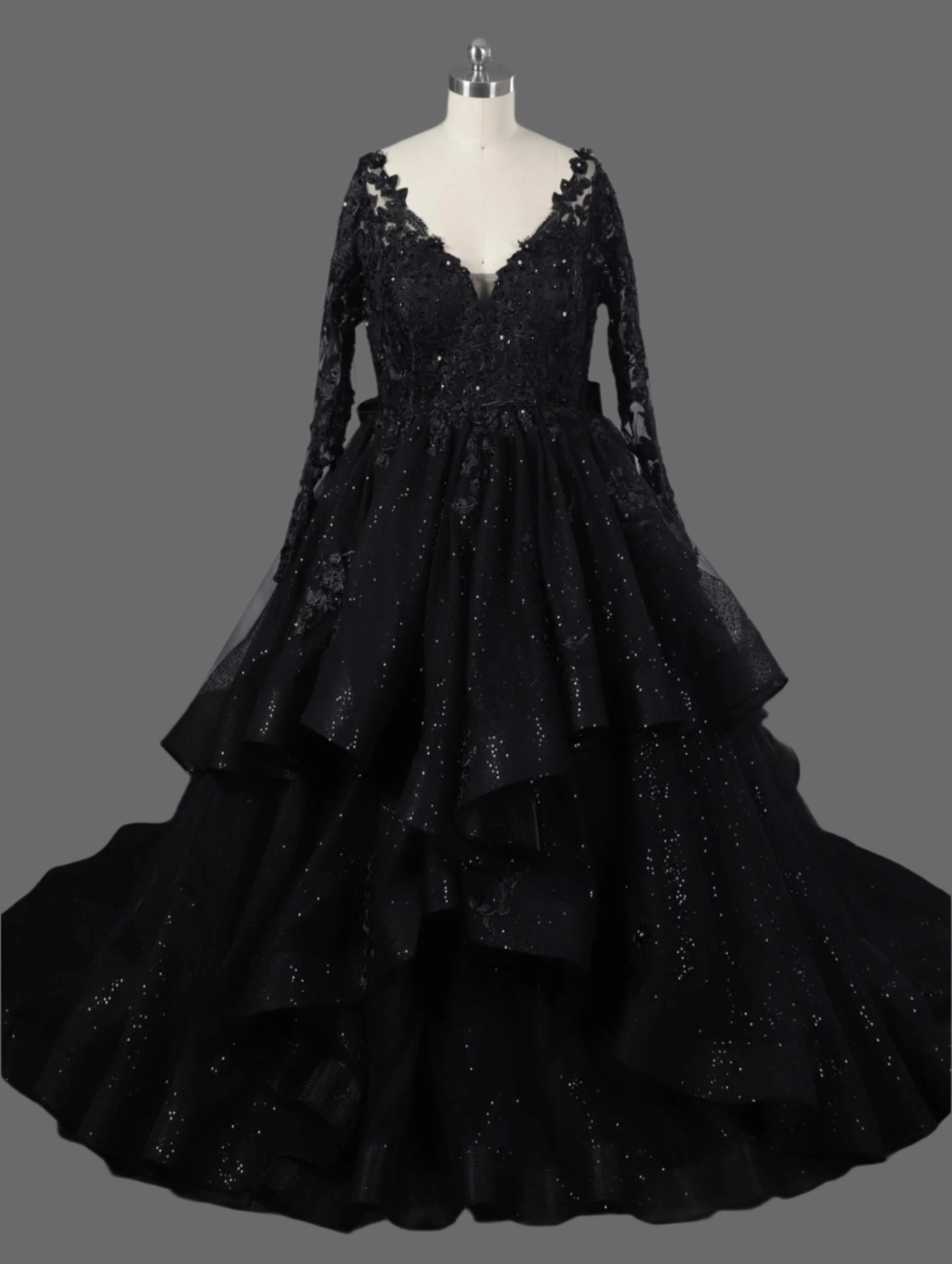 Luxury Black Ball Gown Wedding Dress with Sequins - V-Neck Long Sleeve Lace Appliqué