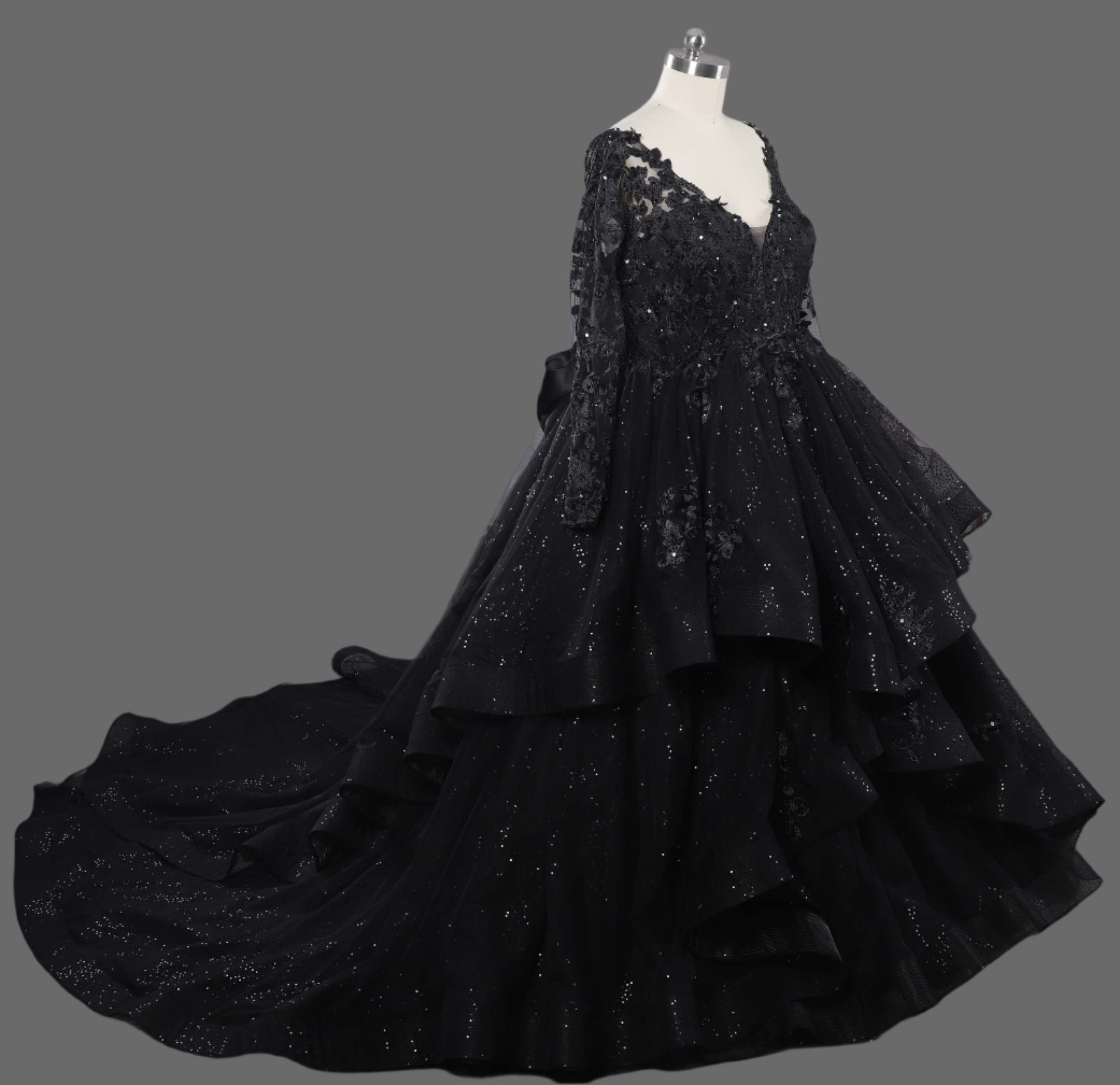 Luxury Black Ball Gown Wedding Dress with Sequins - V-Neck Long Sleeve Lace Appliqué