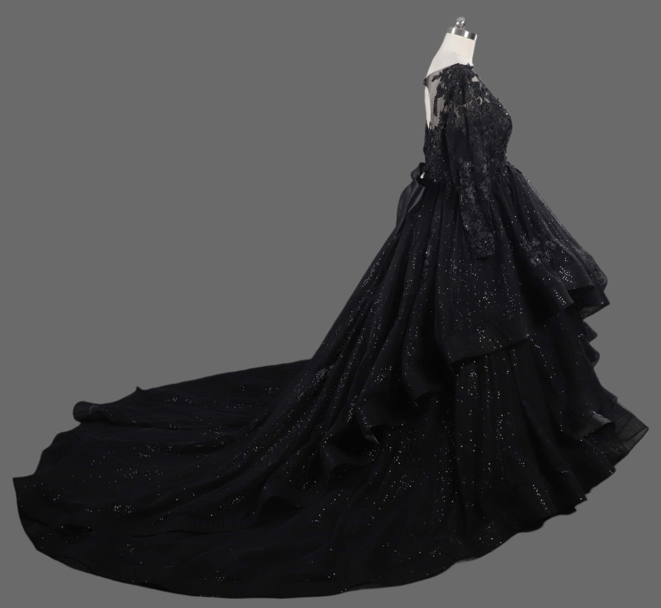 Luxury Black Ball Gown Wedding Dress with Sequins - V-Neck Long Sleeve Lace Appliqué