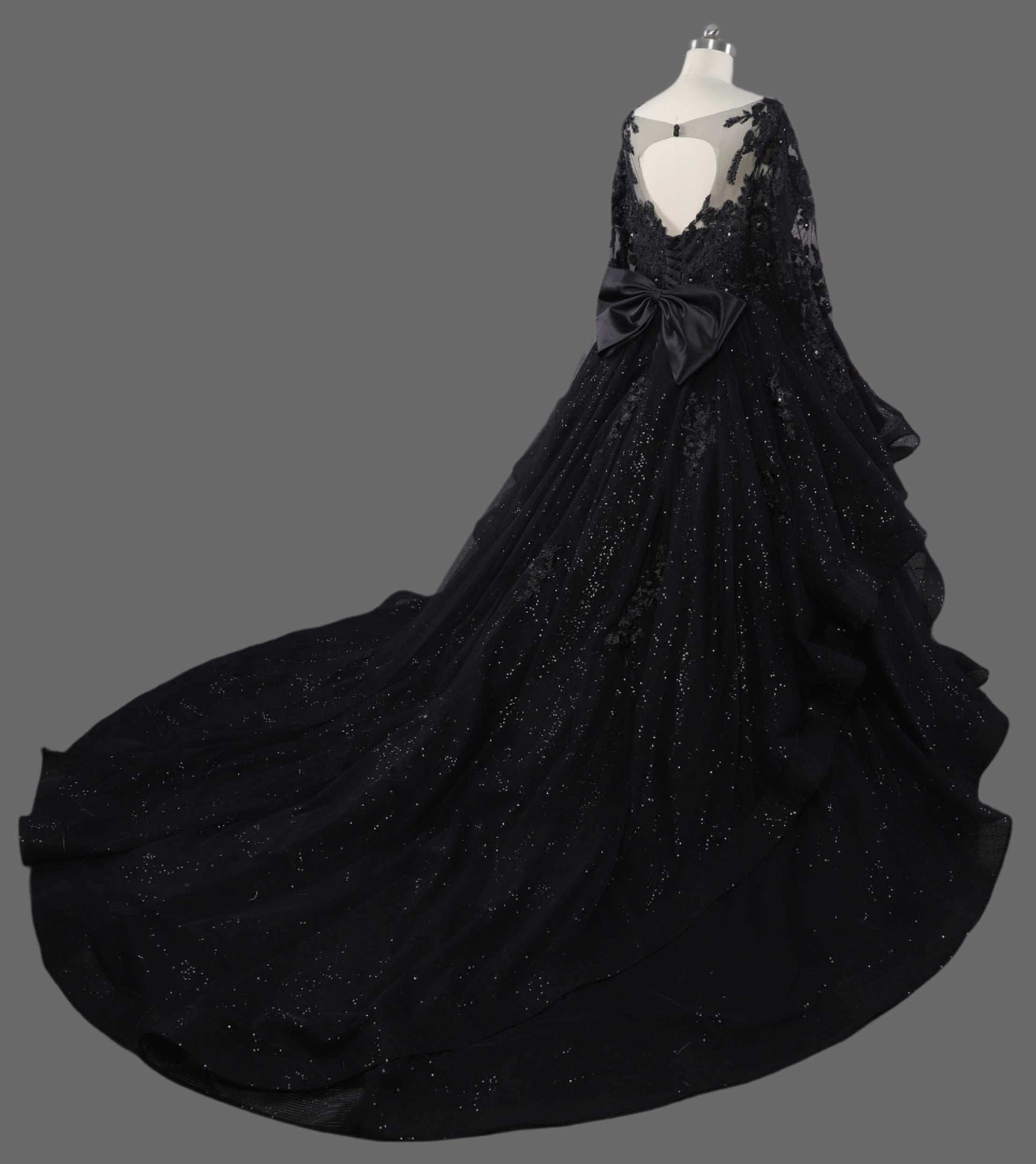 Luxury Black Ball Gown Wedding Dress with Sequins - V-Neck Long Sleeve Lace Appliqué