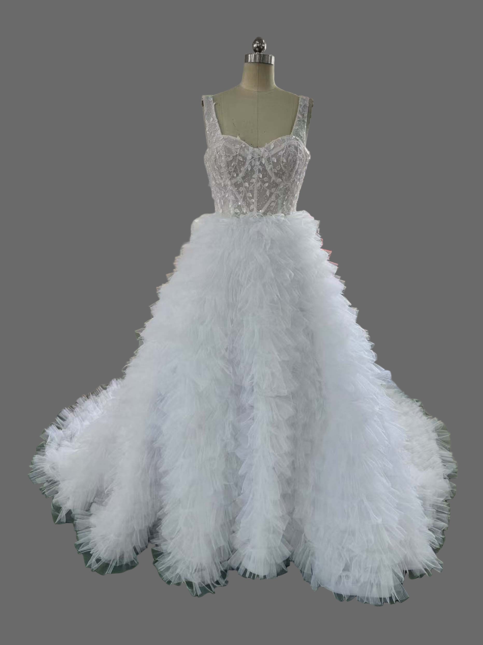Luxury White Ruffled Tulle Ball Gown Wedding Dress with Crystal Beaded Bodice