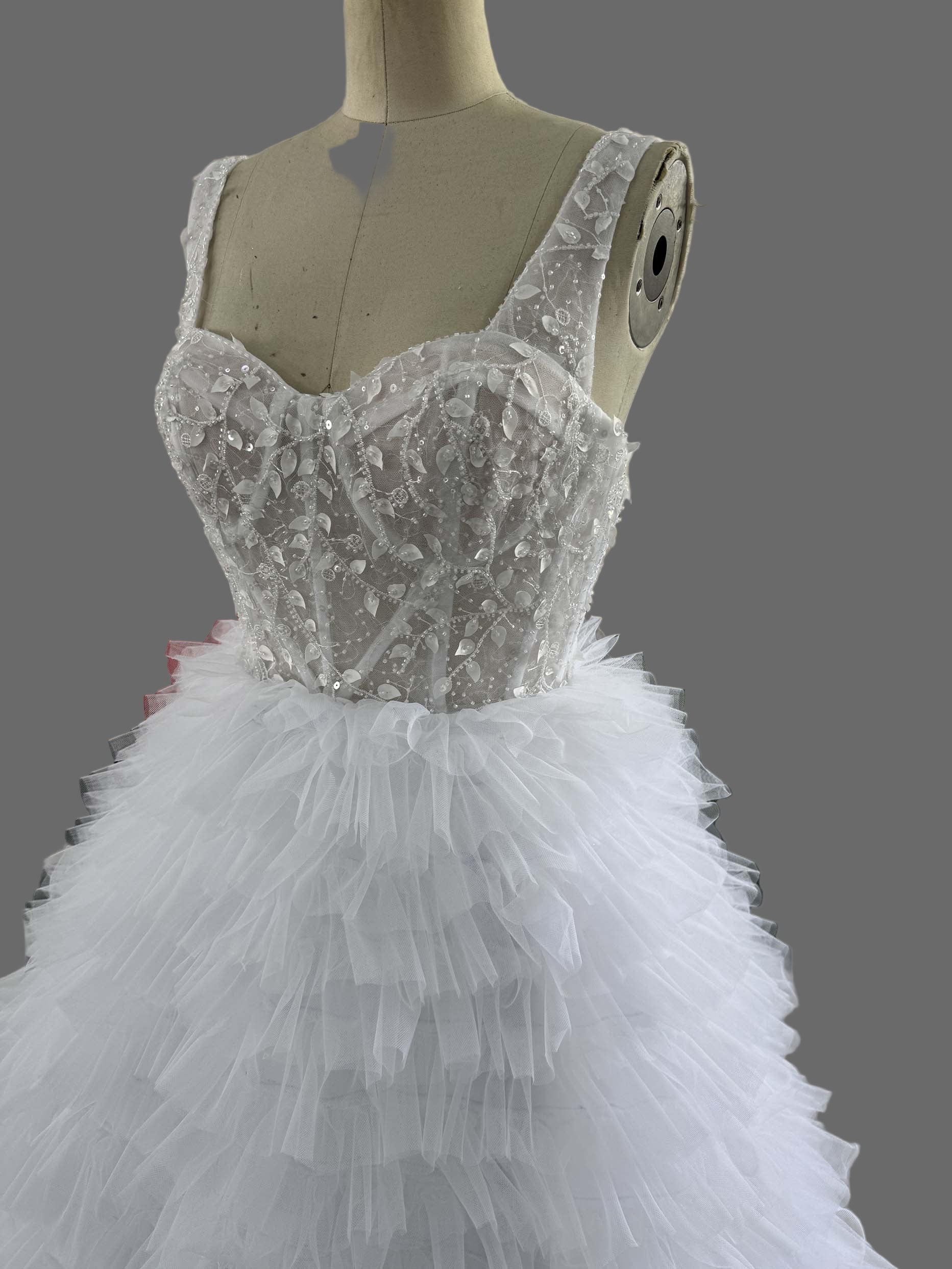 Luxury White Ruffled Tulle Ball Gown Wedding Dress with Crystal Beaded Bodice