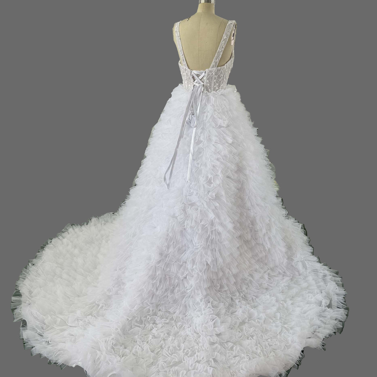 Luxury White Ruffled Tulle Ball Gown Wedding Dress with Crystal Beaded ...