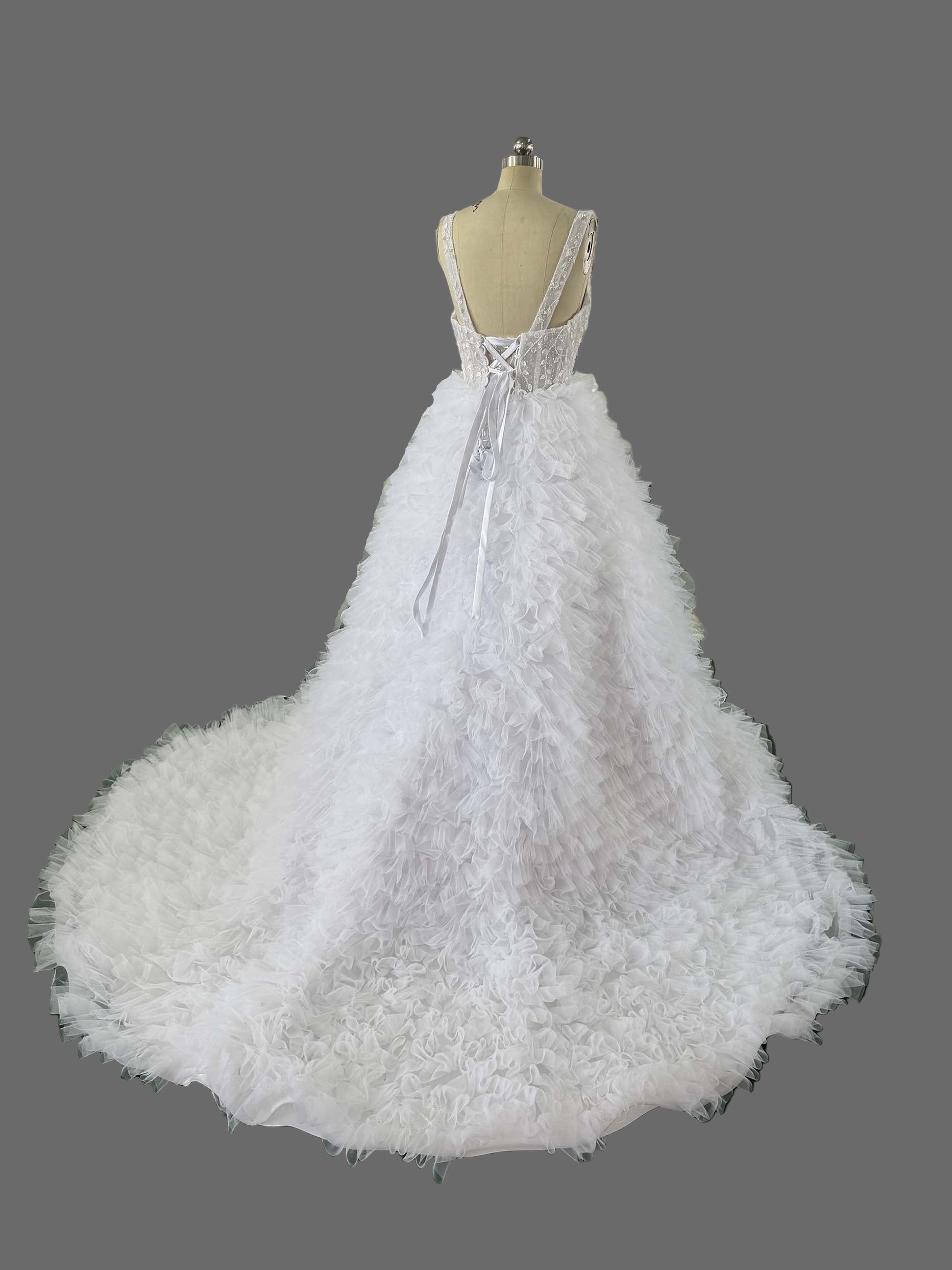Luxury White Ruffled Tulle Ball Gown Wedding Dress with Crystal Beaded Bodice
