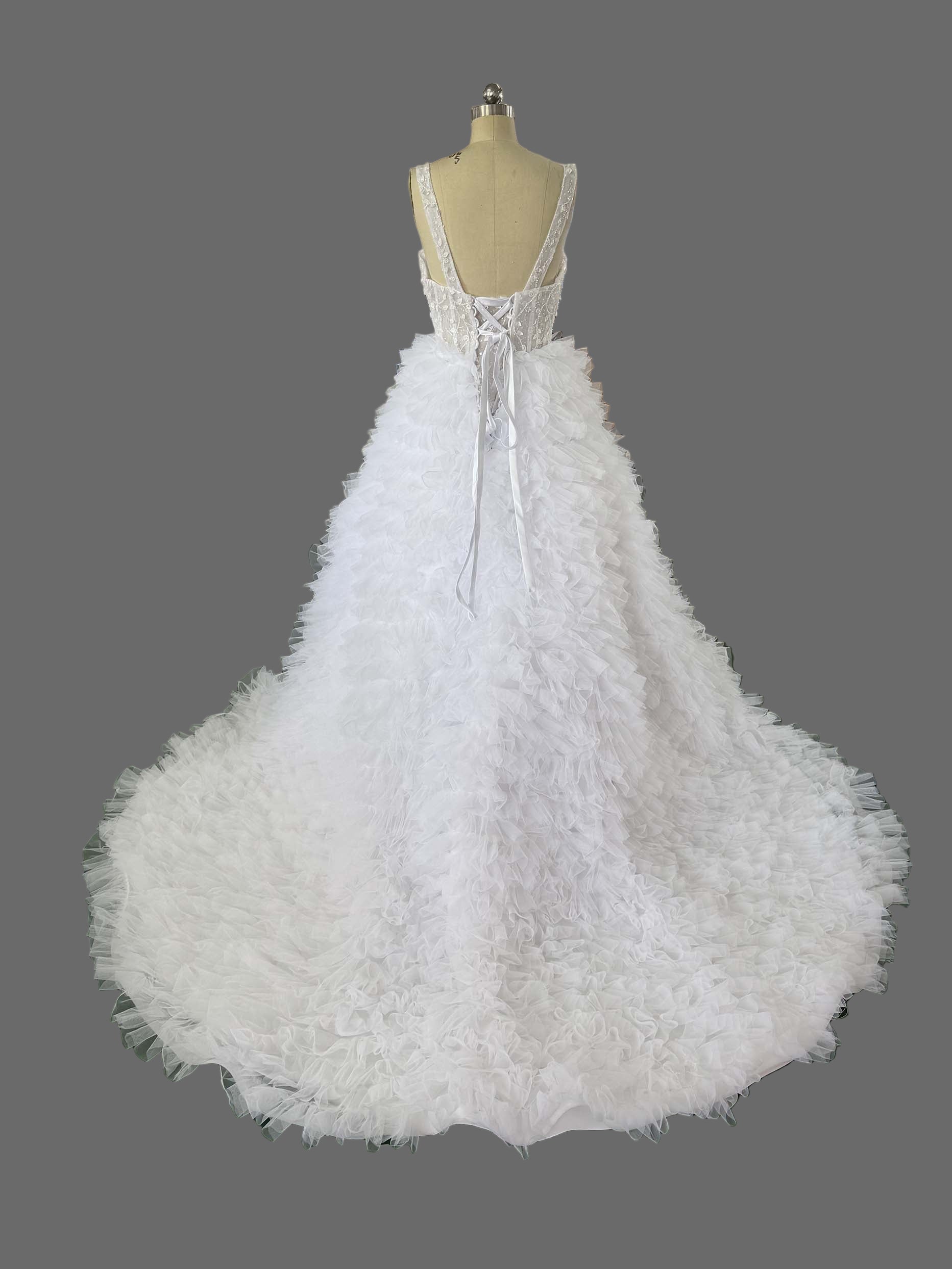 Luxury White Ruffled Tulle Ball Gown Wedding Dress with Crystal Beaded Bodice