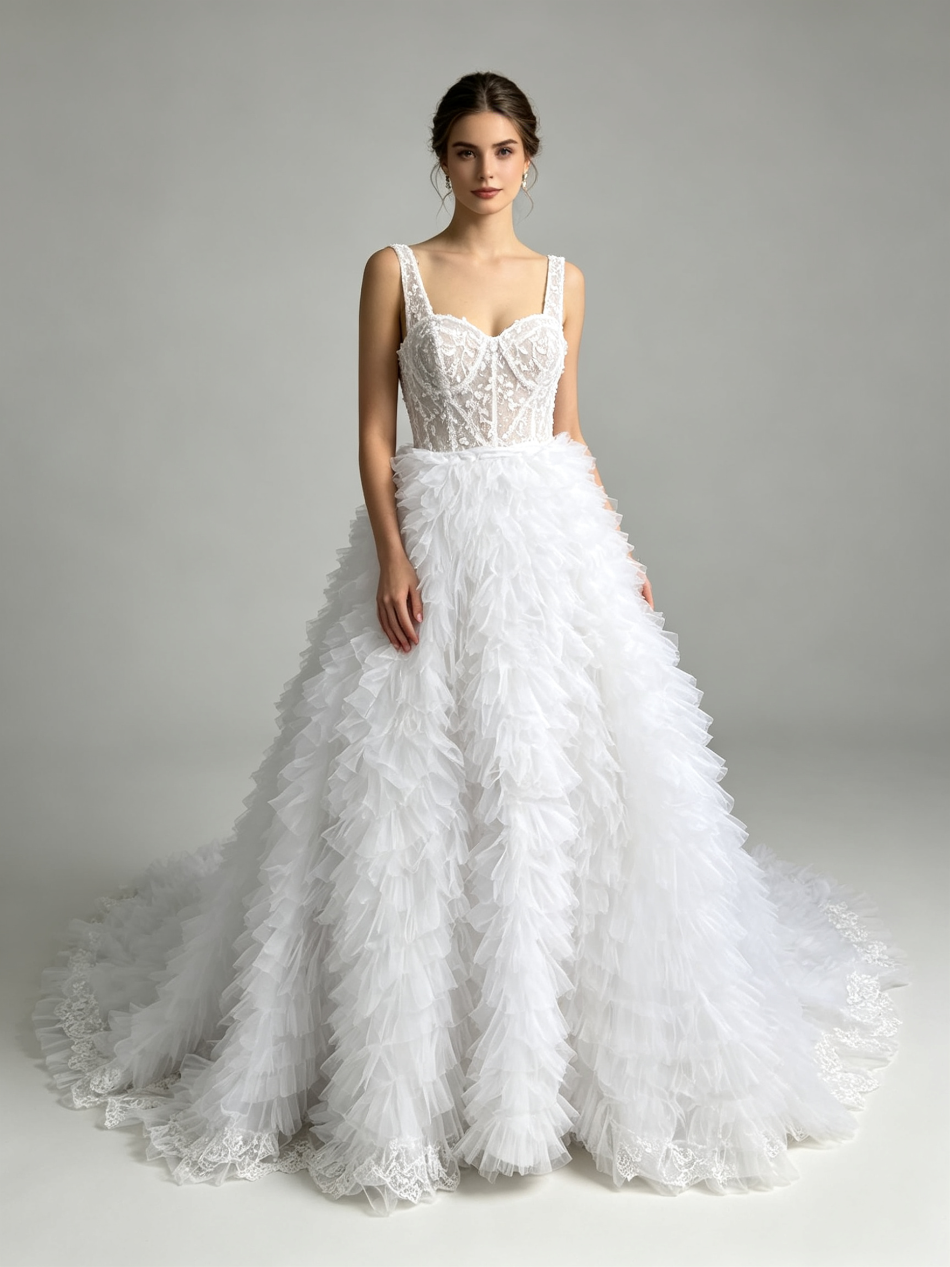 Luxury White Ruffled Tulle Ball Gown Wedding Dress with Crystal Beaded Bodice