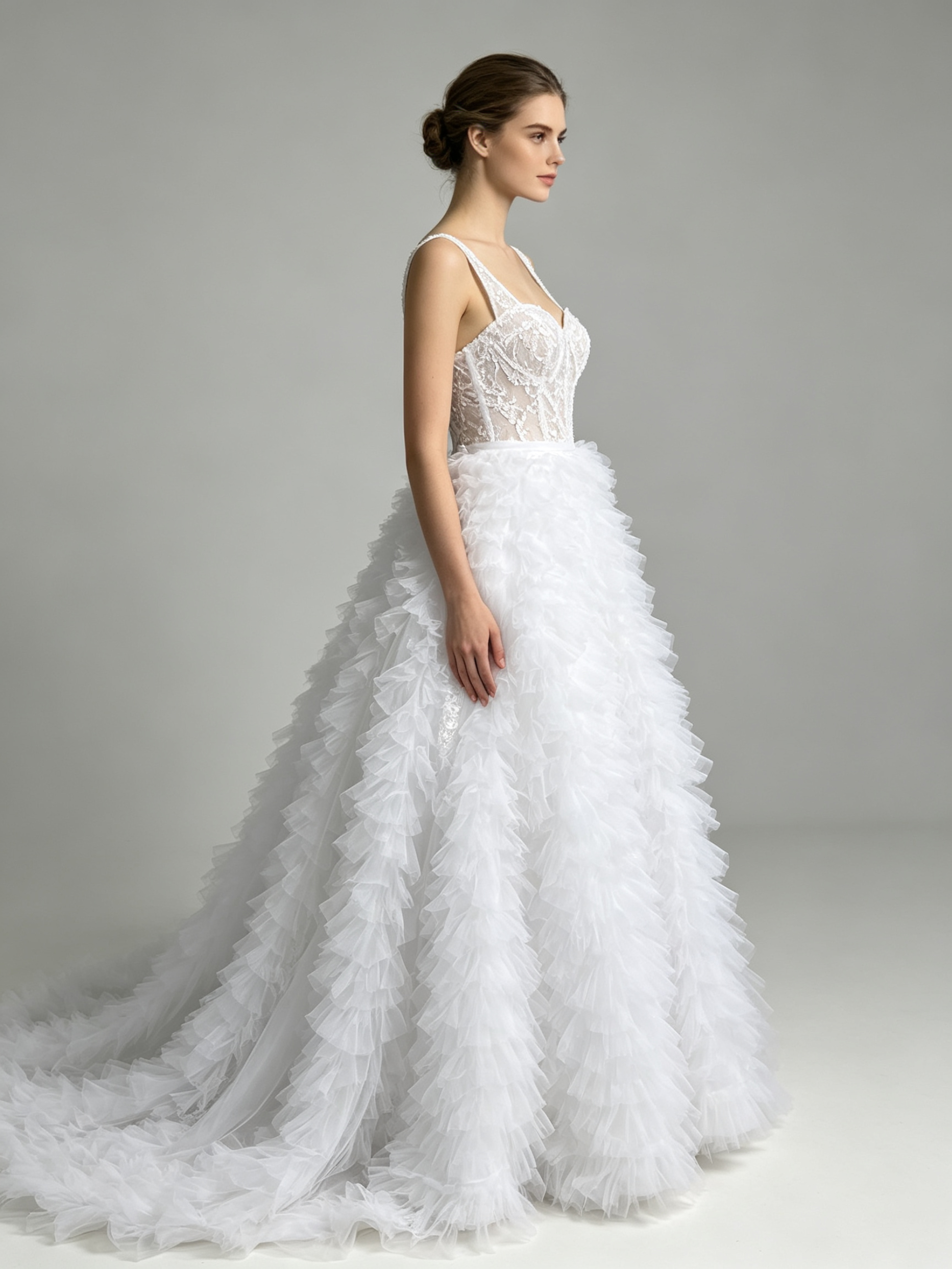 Luxury White Ruffled Tulle Ball Gown Wedding Dress with Crystal Beaded Bodice