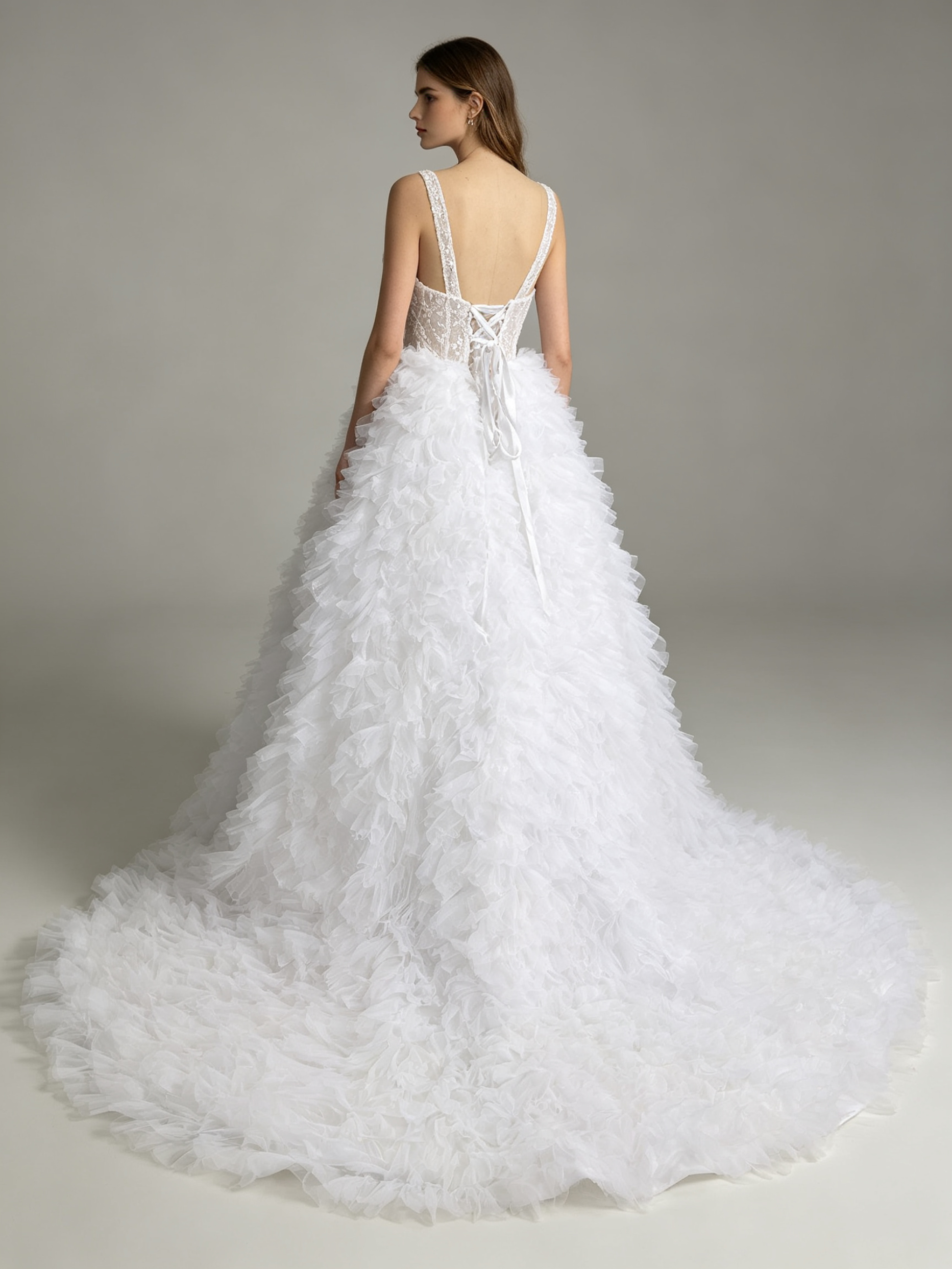 Luxury White Ruffled Tulle Ball Gown Wedding Dress with Crystal Beaded Bodice