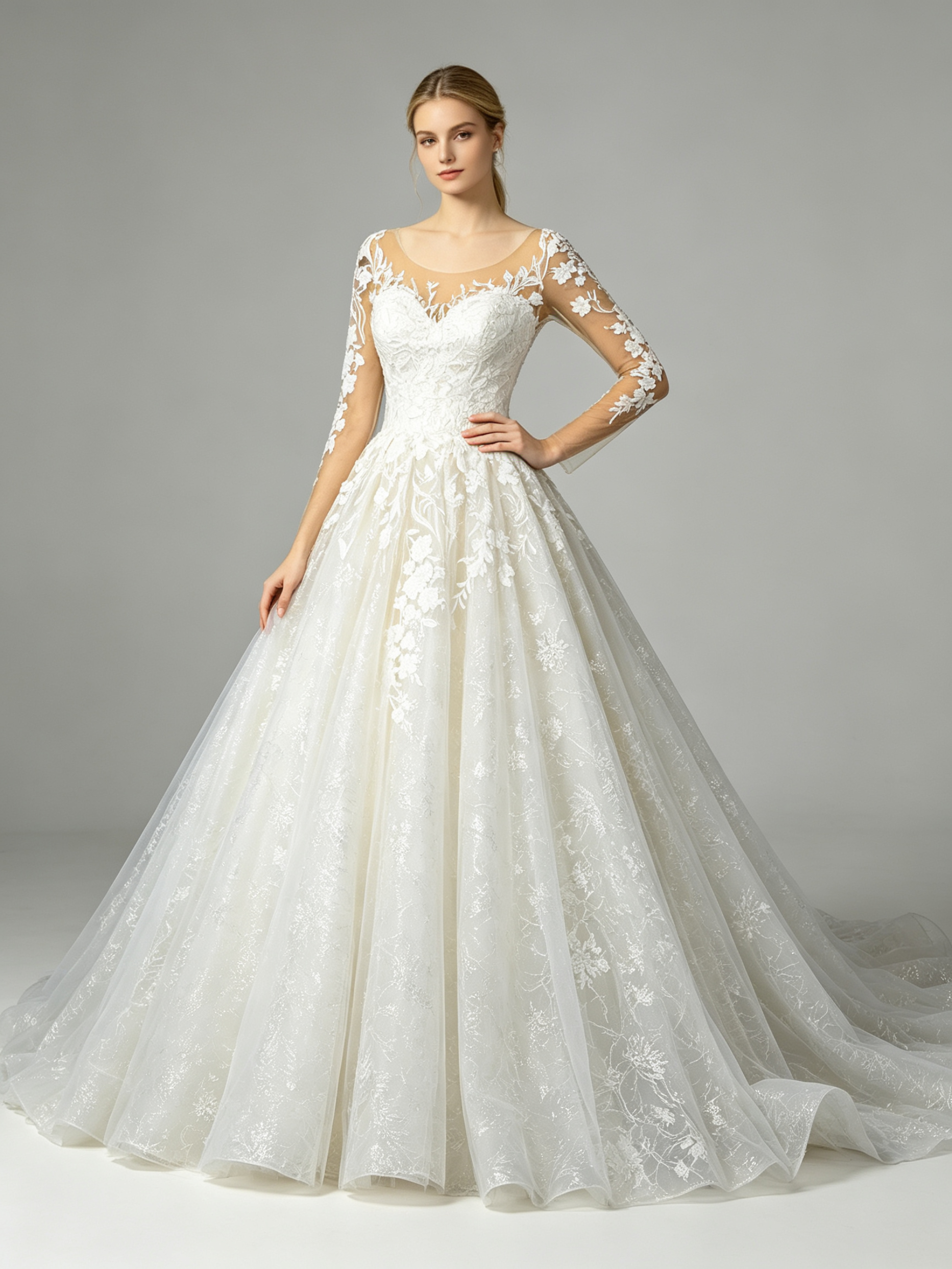 Luxury Wedding Dress with Long Sleeves and Lace Appliques
