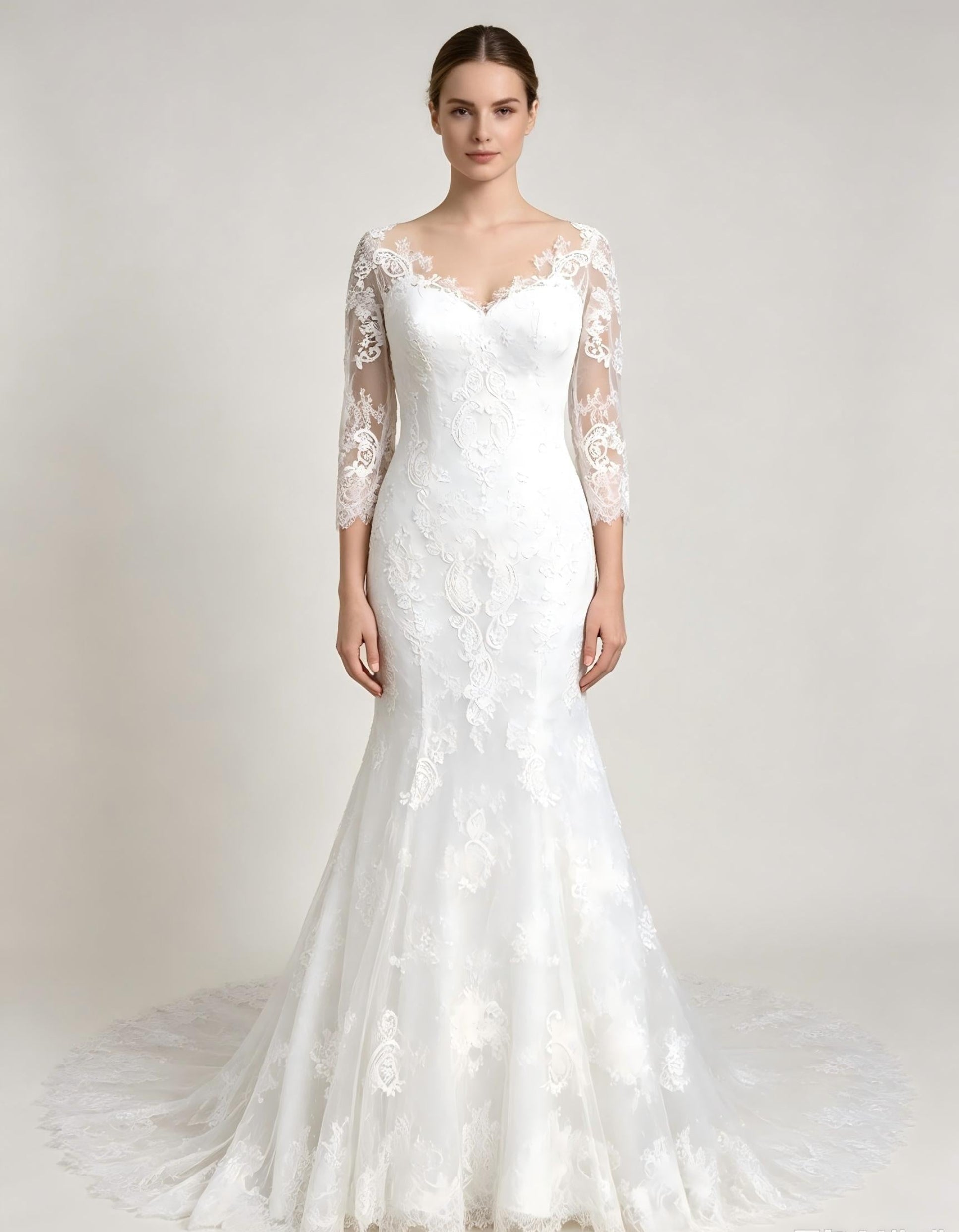 Mermaid Lace Wedding Dress with Illusion Sleeves & Chapel Train - Elegant Bridal Gown