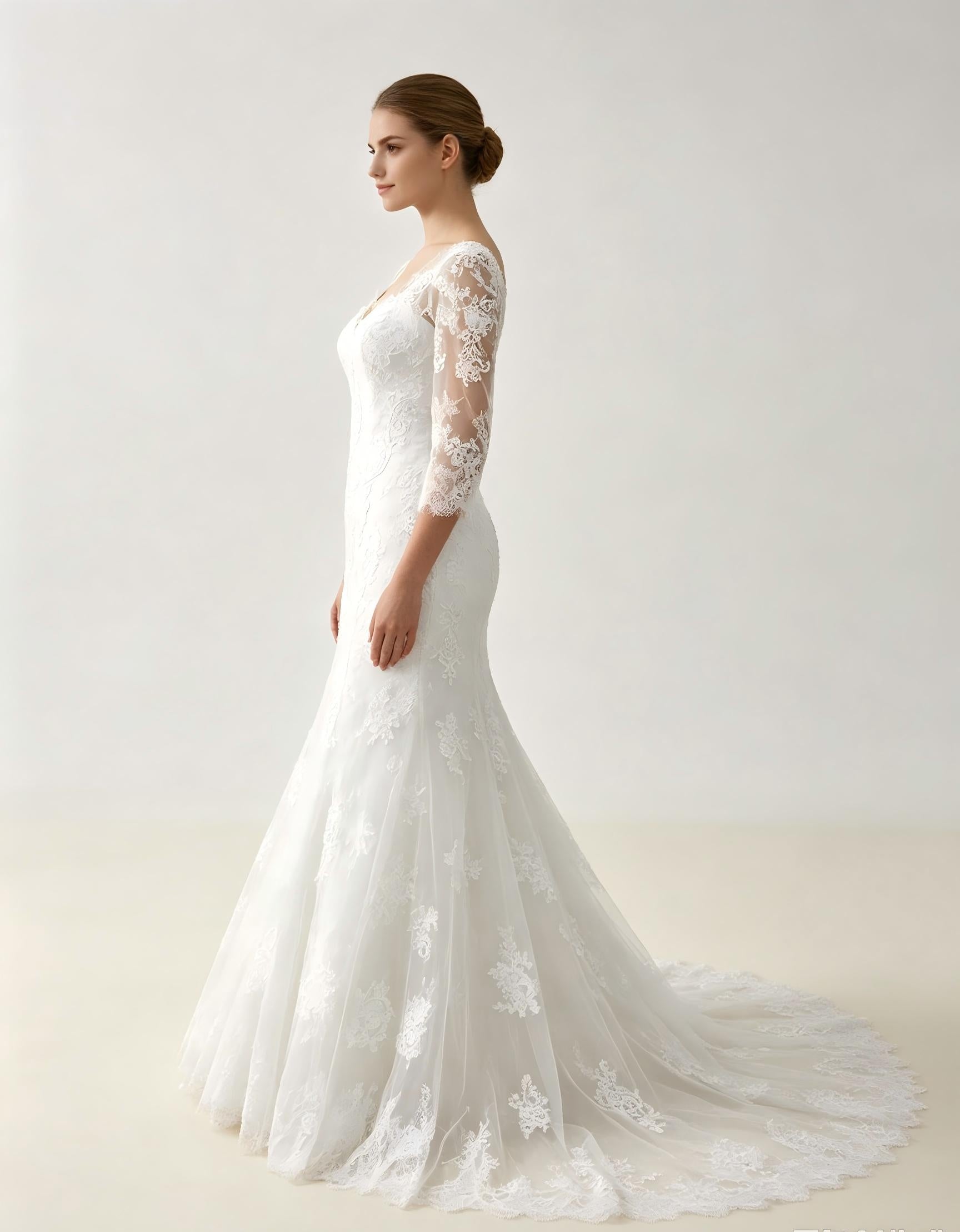 Mermaid Lace Wedding Dress with Illusion Sleeves & Chapel Train - Elegant Bridal Gown