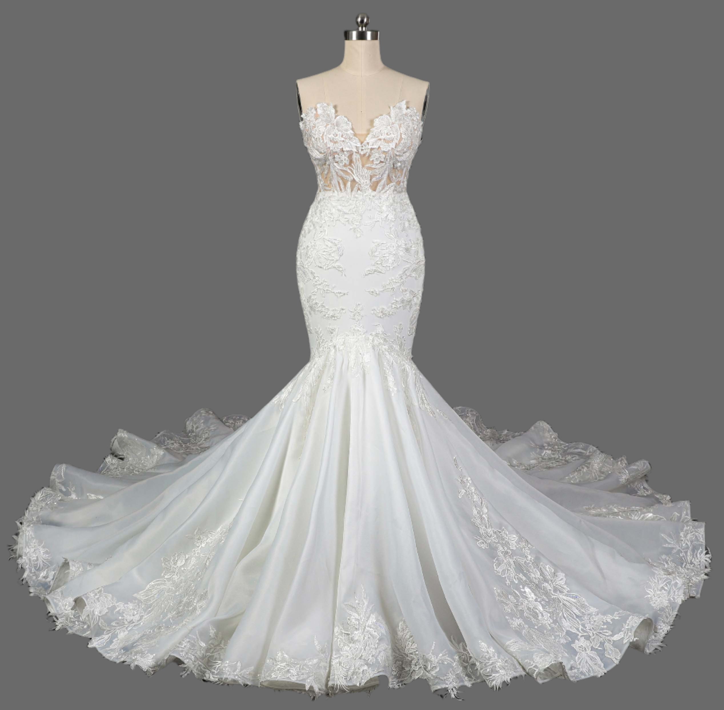 Mermaid Strapless Lace Applique Court Train Wedding Dress