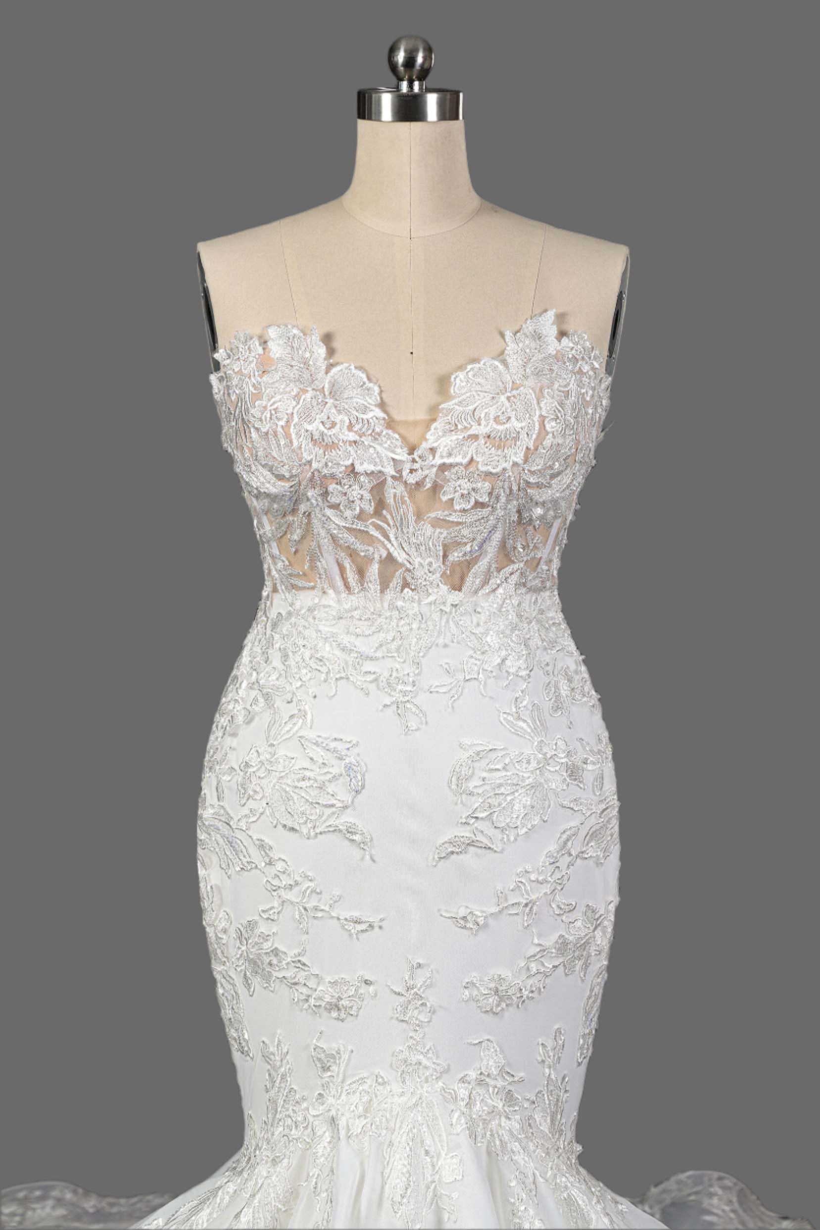 Mermaid Strapless Lace Applique Court Train Wedding Dress