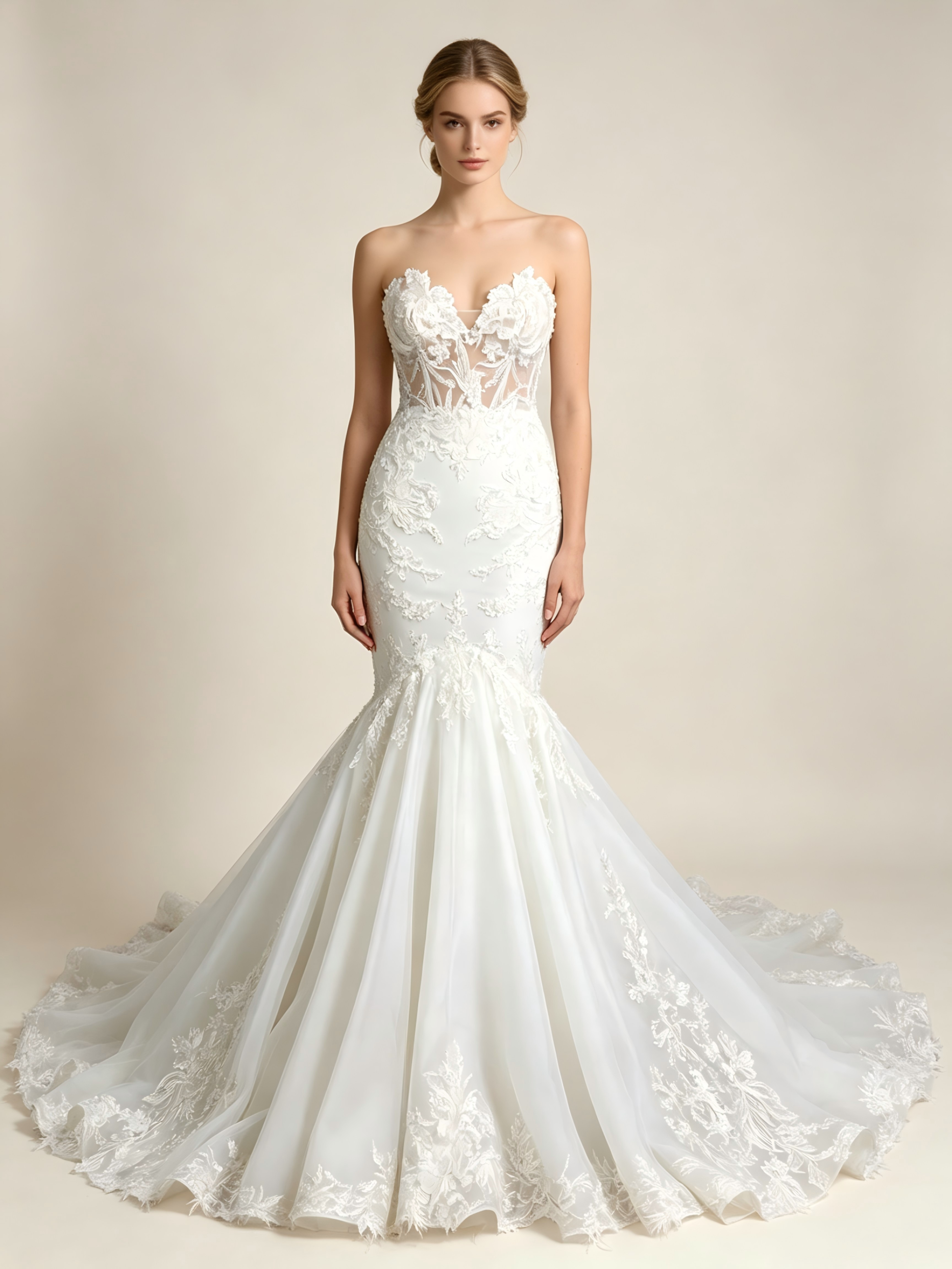 Mermaid Strapless Lace Applique Court Train Wedding Dress