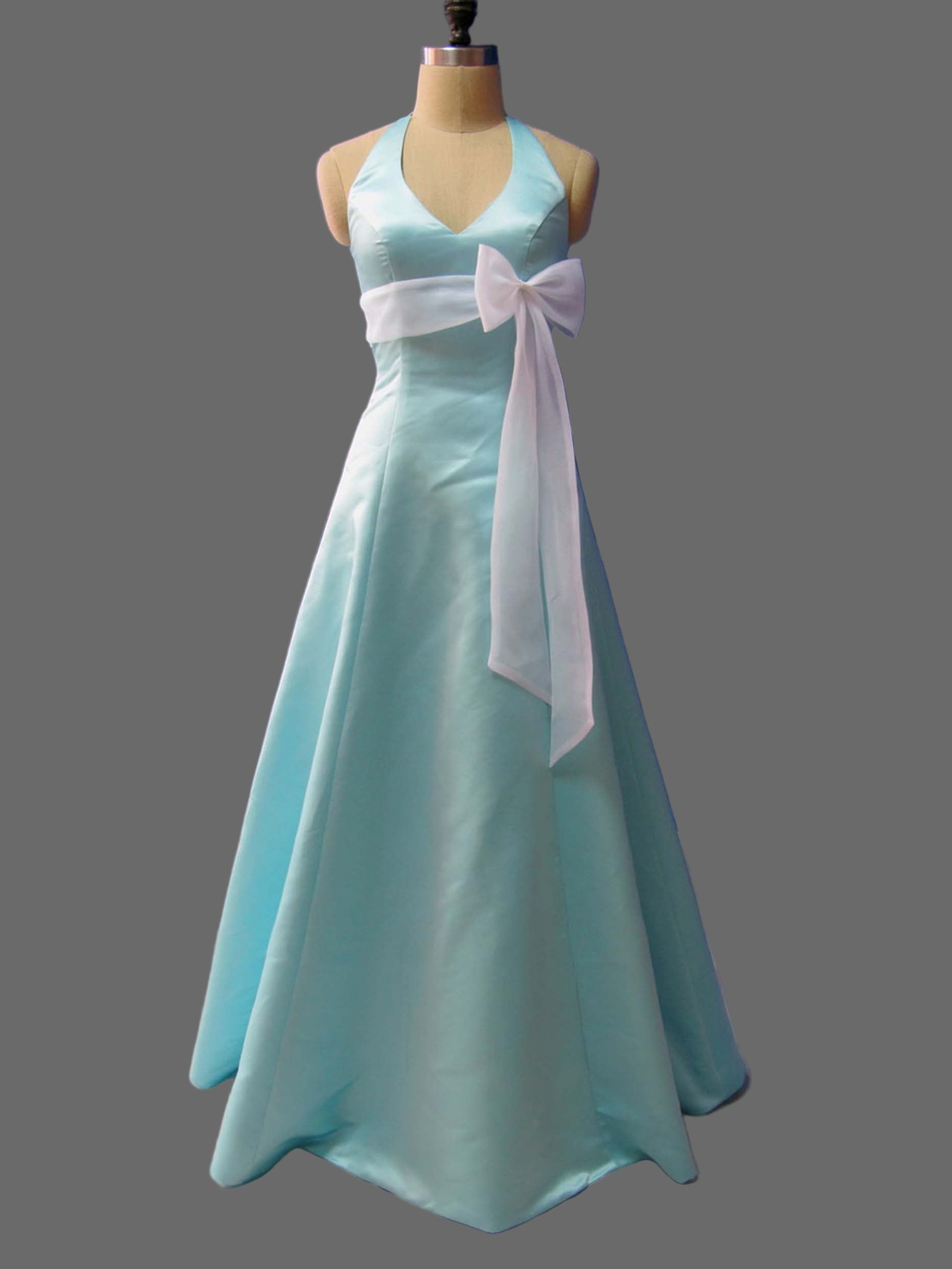 Mint Green Halter Bridesmaid Dress with White Bow Sash A-Line Formal Gown