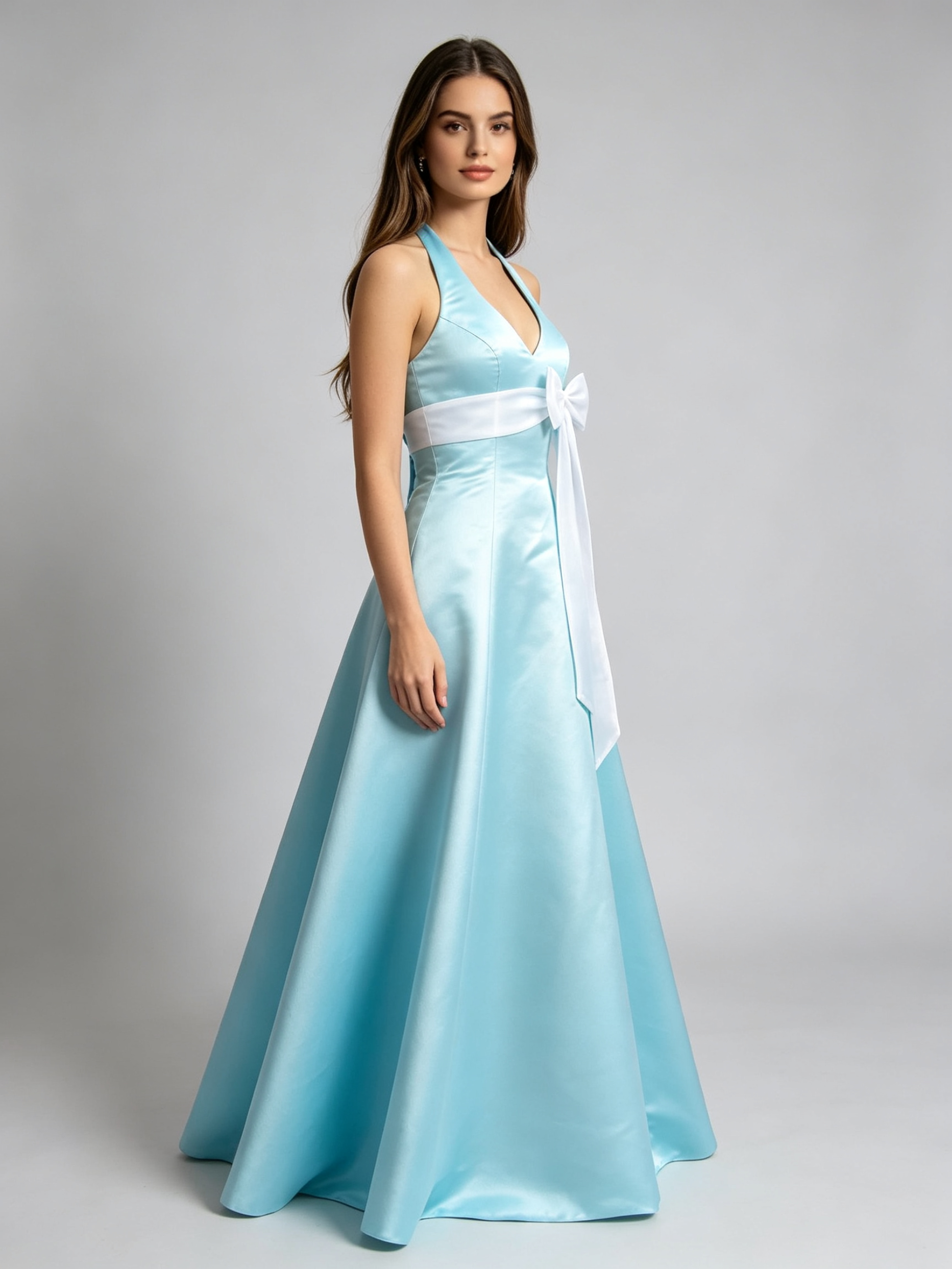 Mint Green Halter Bridesmaid Dress with White Bow Sash A-Line Formal Gown
