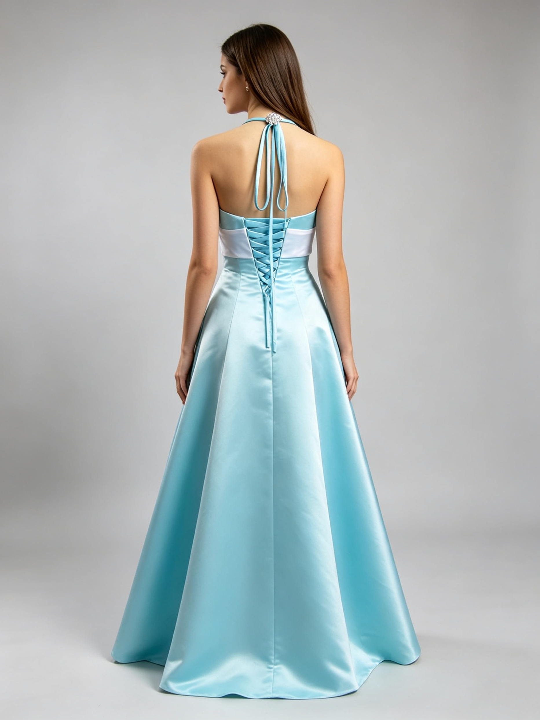 Mint Green Halter Bridesmaid Dress with White Bow Sash A-Line Formal Gown