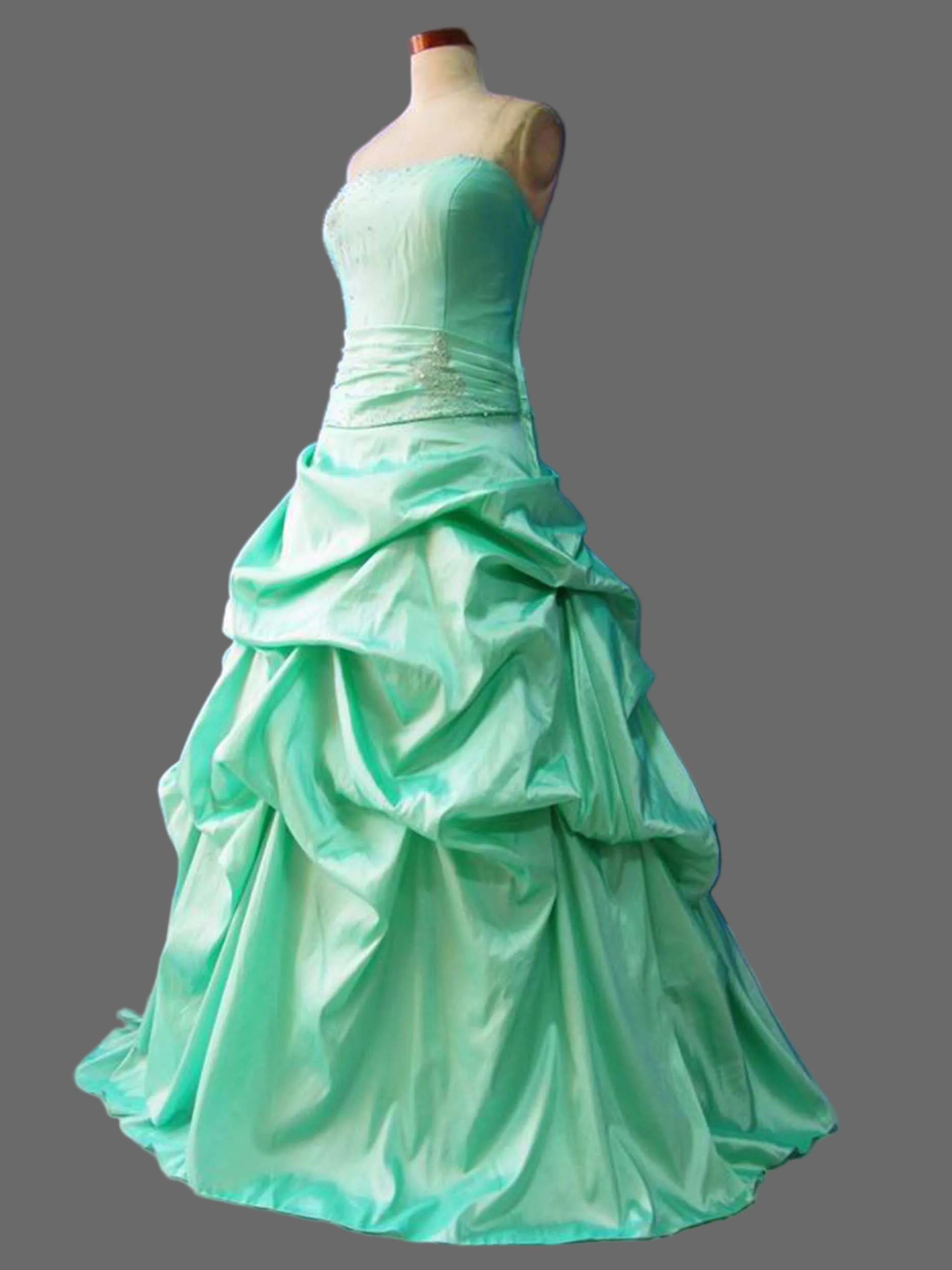 Mint Green Strapless Beaded Taffeta Pick-Up Ball Gown Dress for Wedding Quinceanera and Prom
