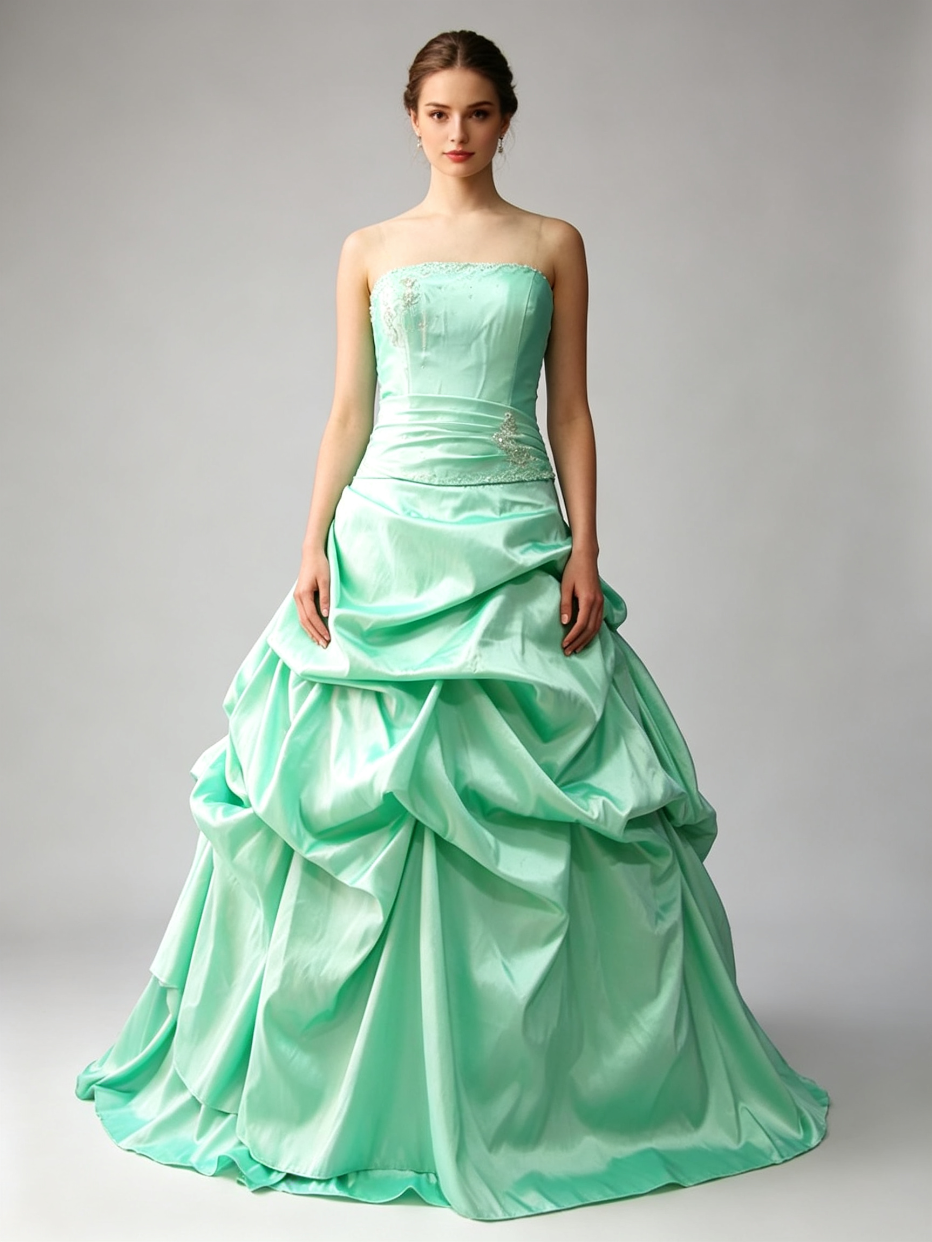 Mint Green Strapless Beaded Taffeta Pick-Up Ball Gown Dress for Wedding Quinceanera and Prom
