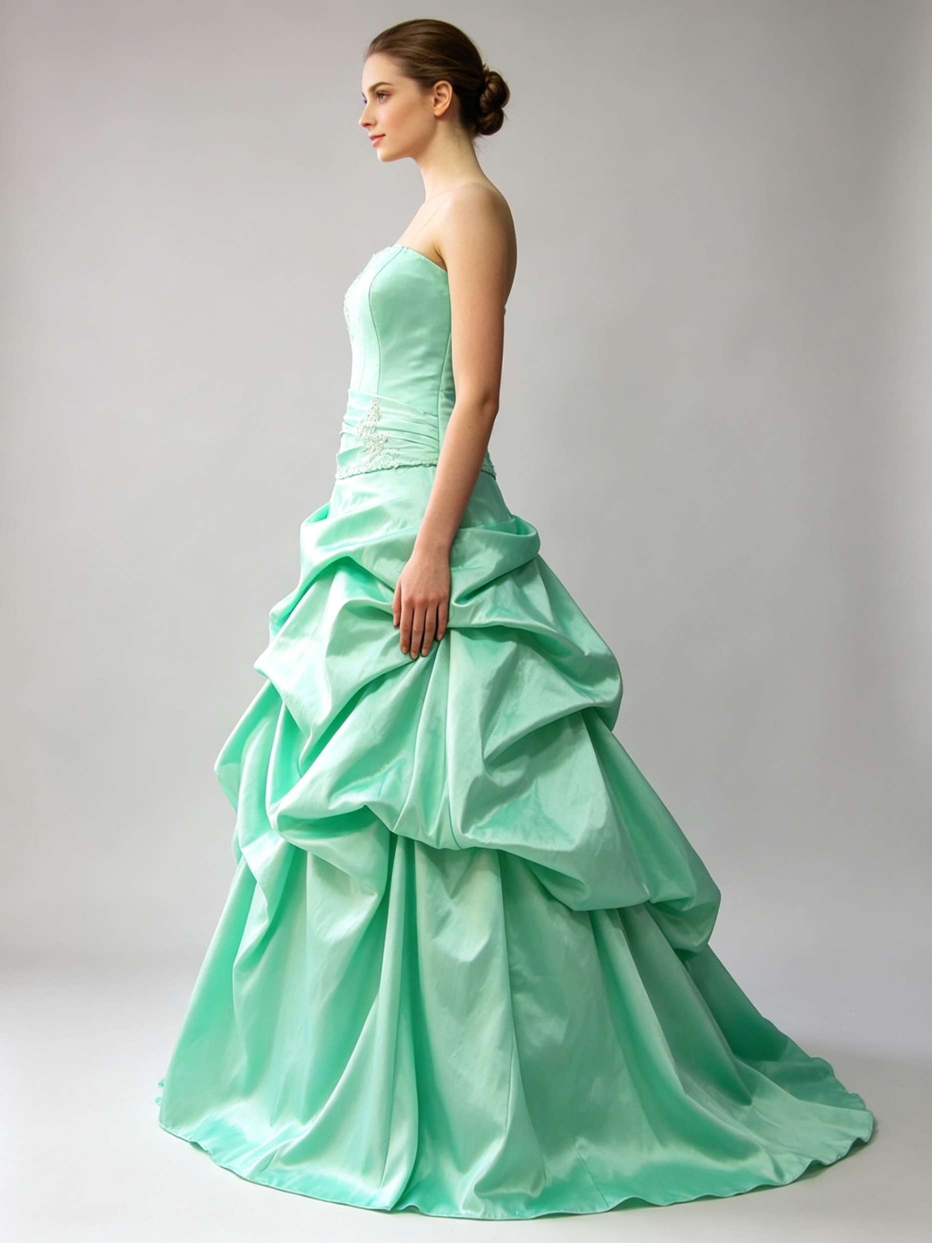Mint Green Strapless Beaded Taffeta Pick-Up Ball Gown Dress for Wedding Quinceanera and Prom