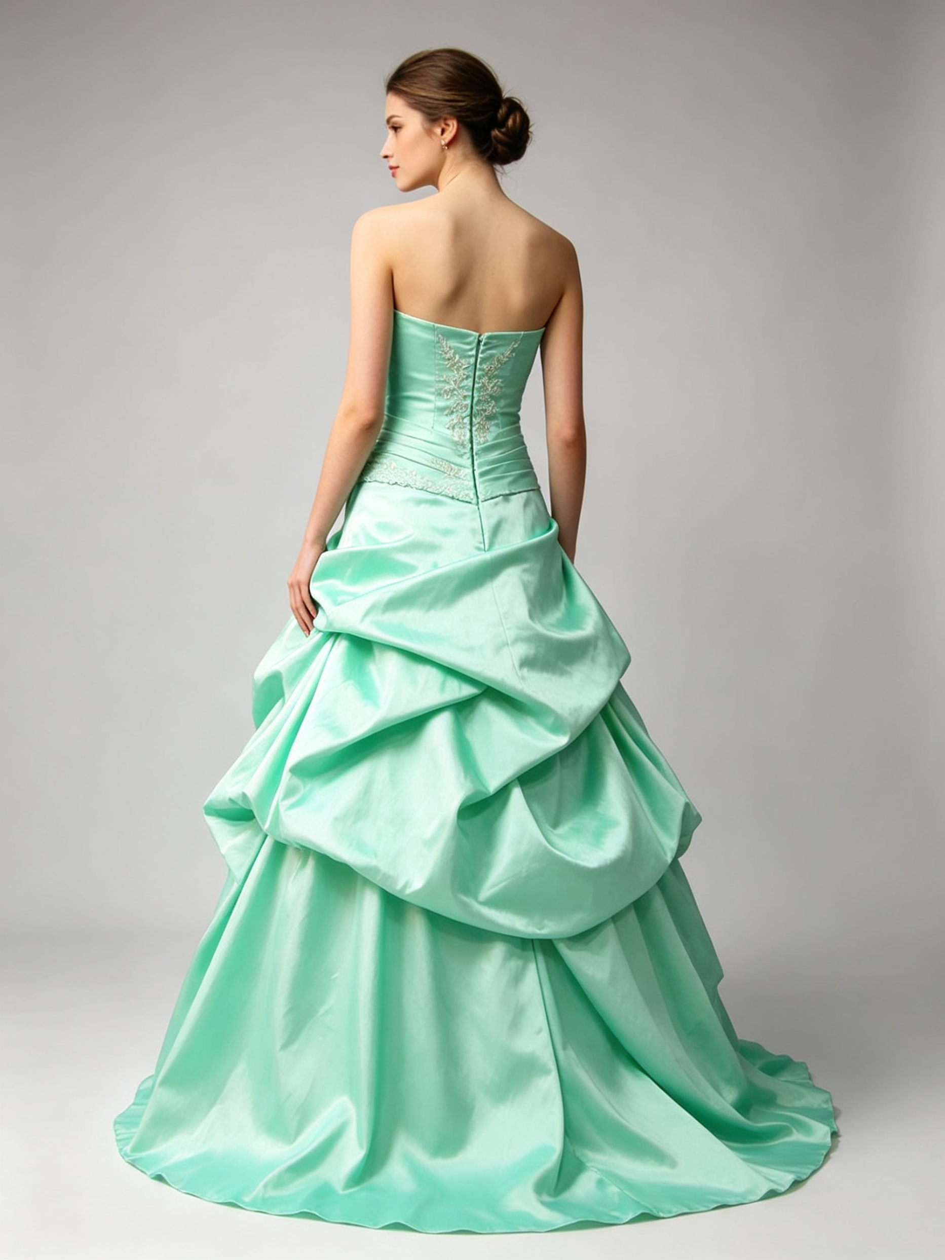 Mint Green Strapless Beaded Taffeta Pick-Up Ball Gown Dress for Wedding Quinceanera and Prom