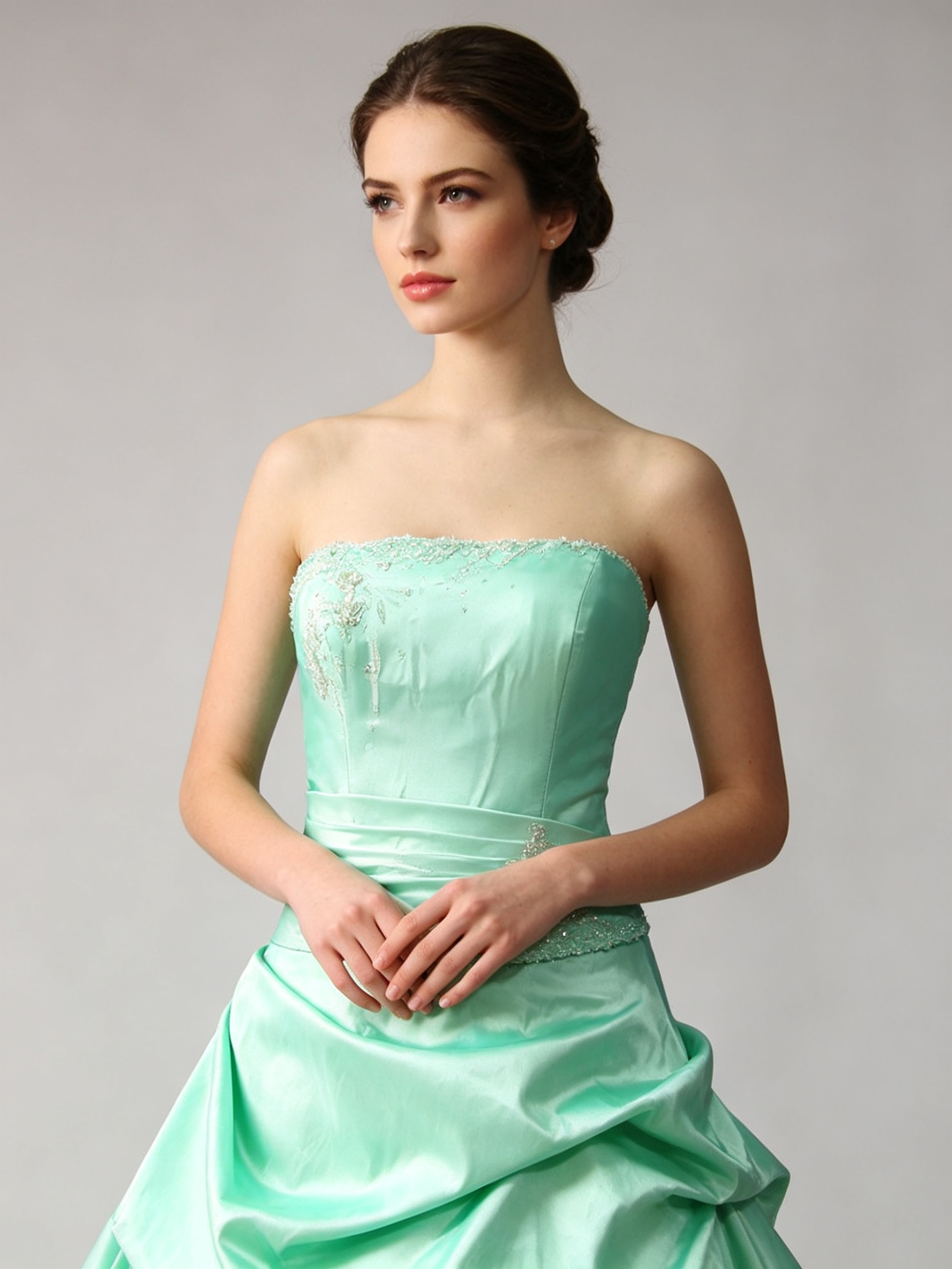 Mint Green Strapless Beaded Taffeta Pick-Up Ball Gown Dress for Wedding Quinceanera and Prom