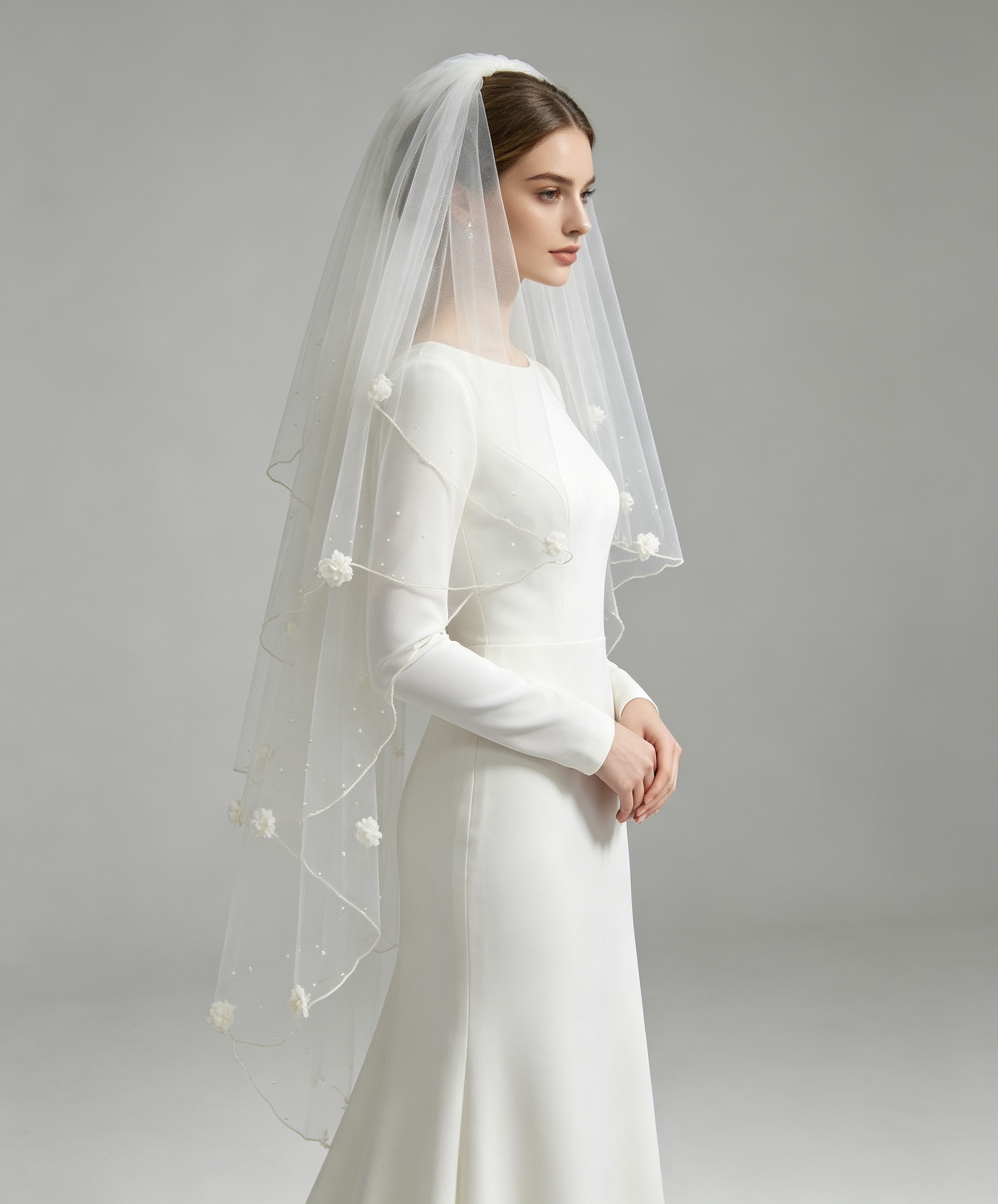 Multi-Tier White Tulle Wedding Veil – Polka Dot Mesh with Satin Rosette Edge for Bride,
