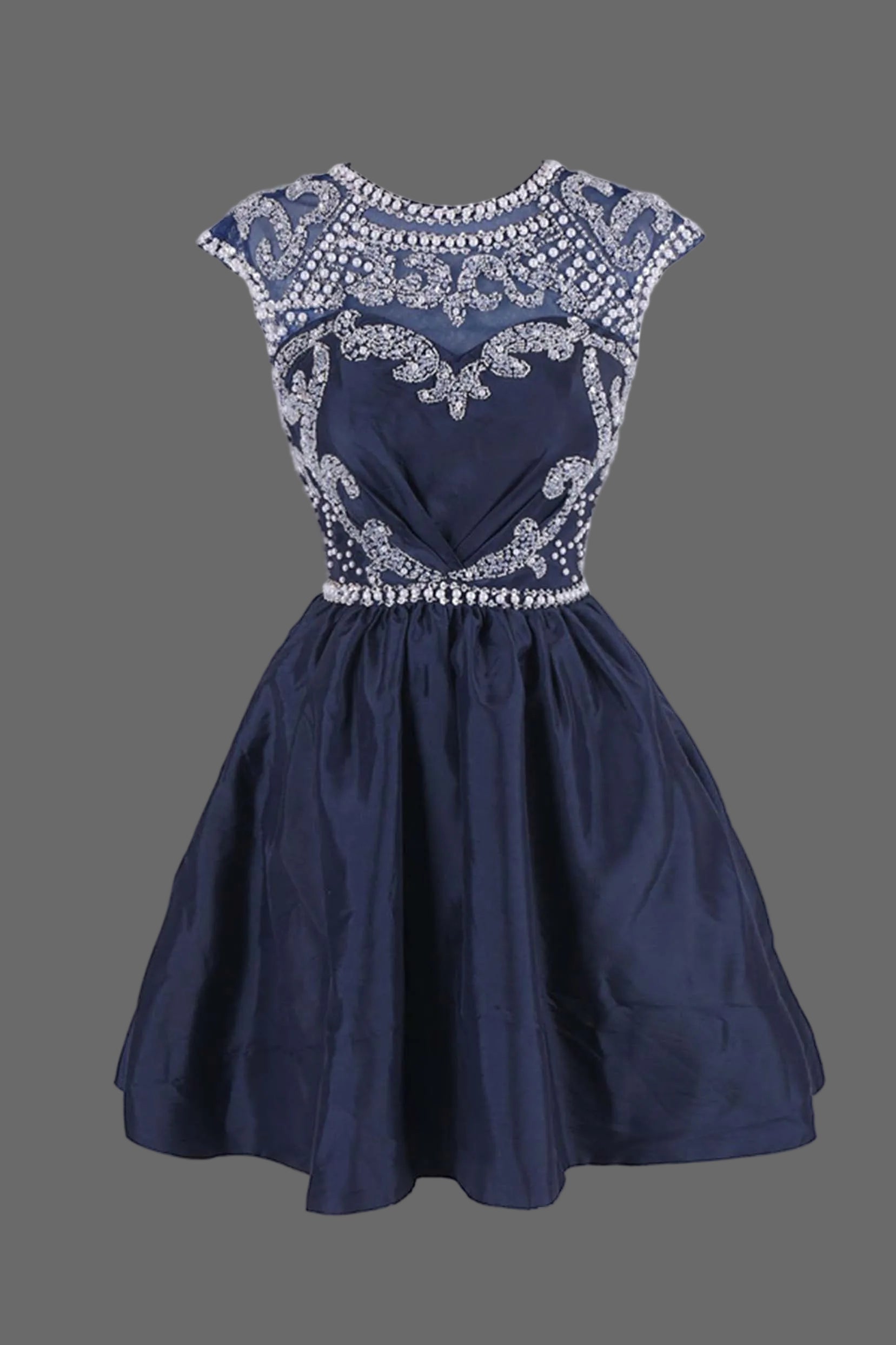 Navy Blue Beaded Cocktail Dress with Crystal Embellishments Short A-Line