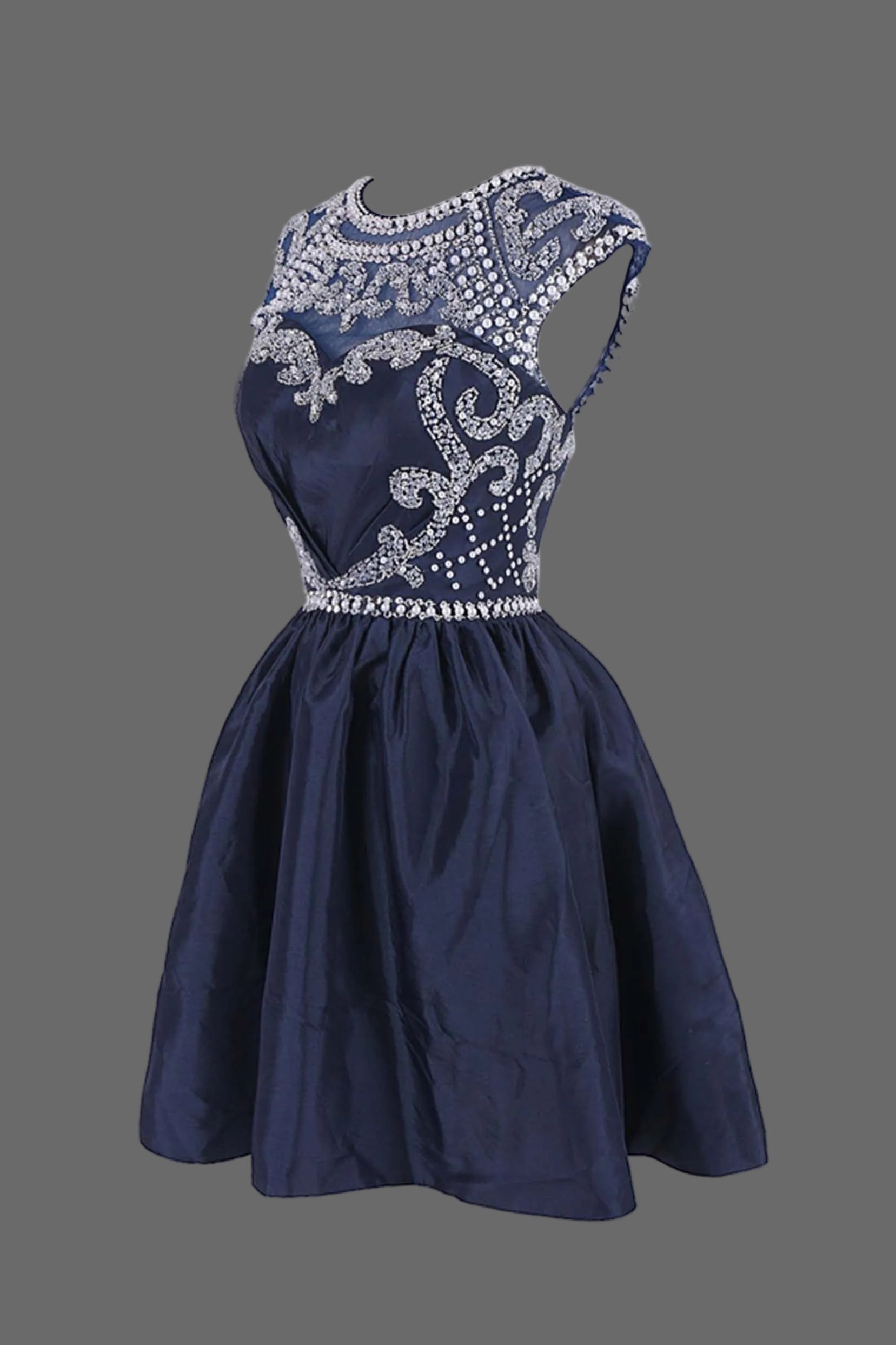 Navy Blue Beaded Cocktail Dress with Crystal Embellishments Short A-Line