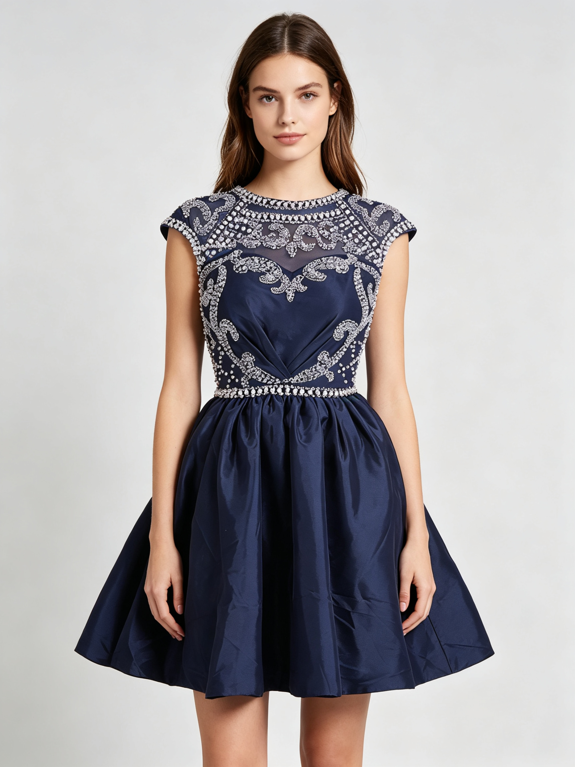 Navy Blue Beaded Cocktail Dress with Crystal Embellishments Short A-Line