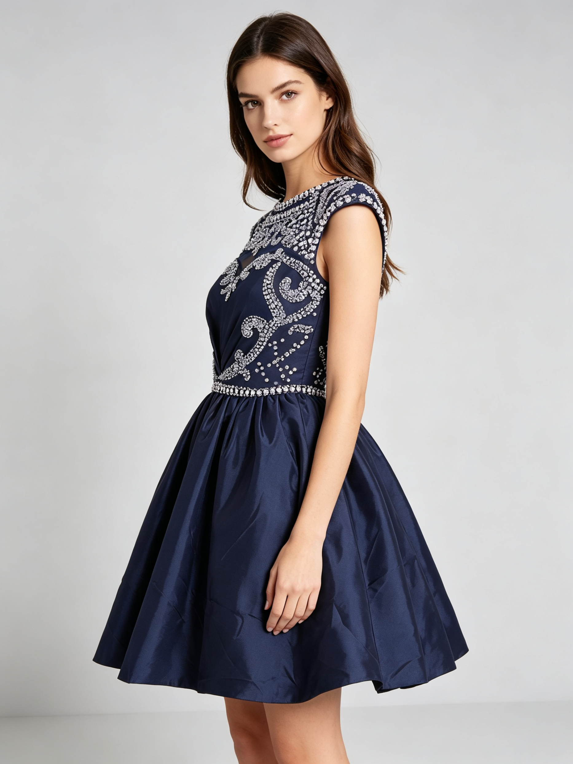 Navy Blue Beaded Cocktail Dress with Crystal Embellishments Short A-Line