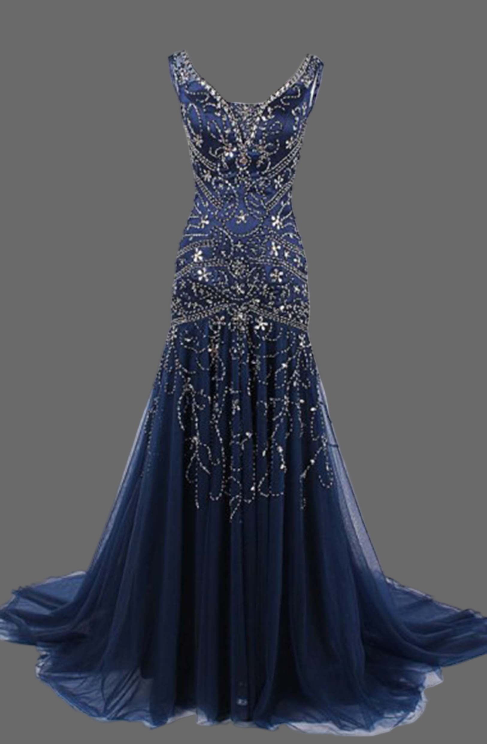 Navy Blue Beaded Mermaid Gown - Crystal Embellished Evening Dress with V-Neckline