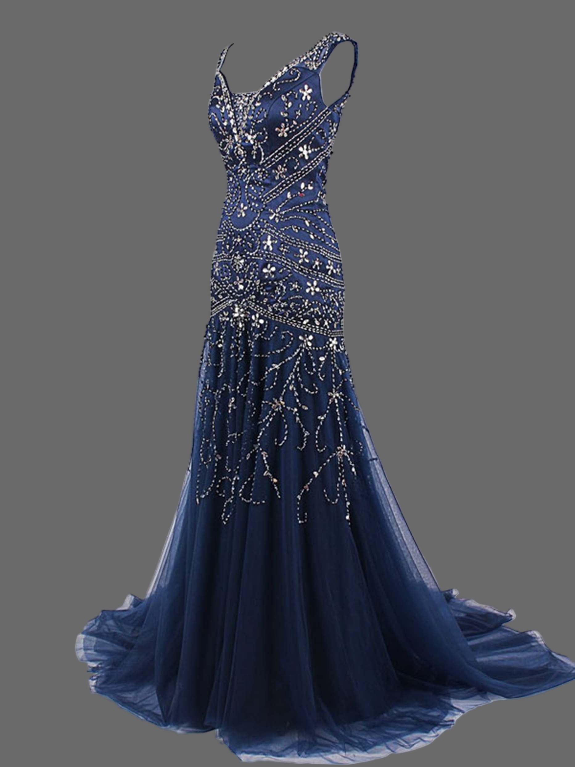 Navy Blue Beaded Mermaid Gown - Crystal Embellished Evening Dress with V-Neckline