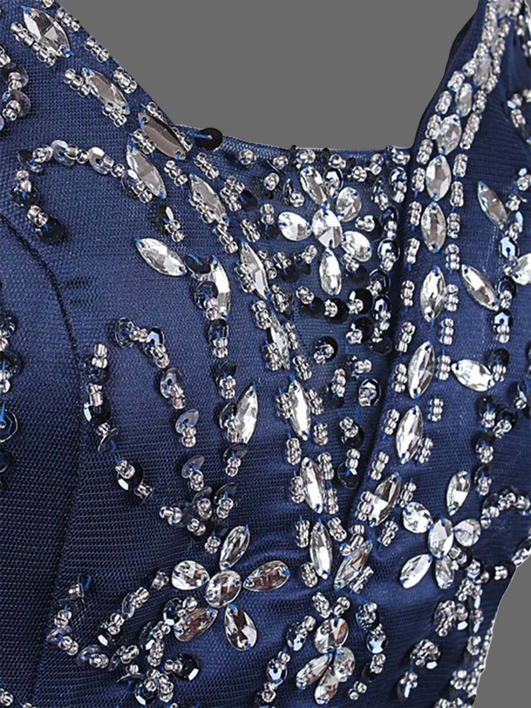 Navy Blue Beaded Mermaid Gown - Crystal Embellished Evening Dress with V-Neckline