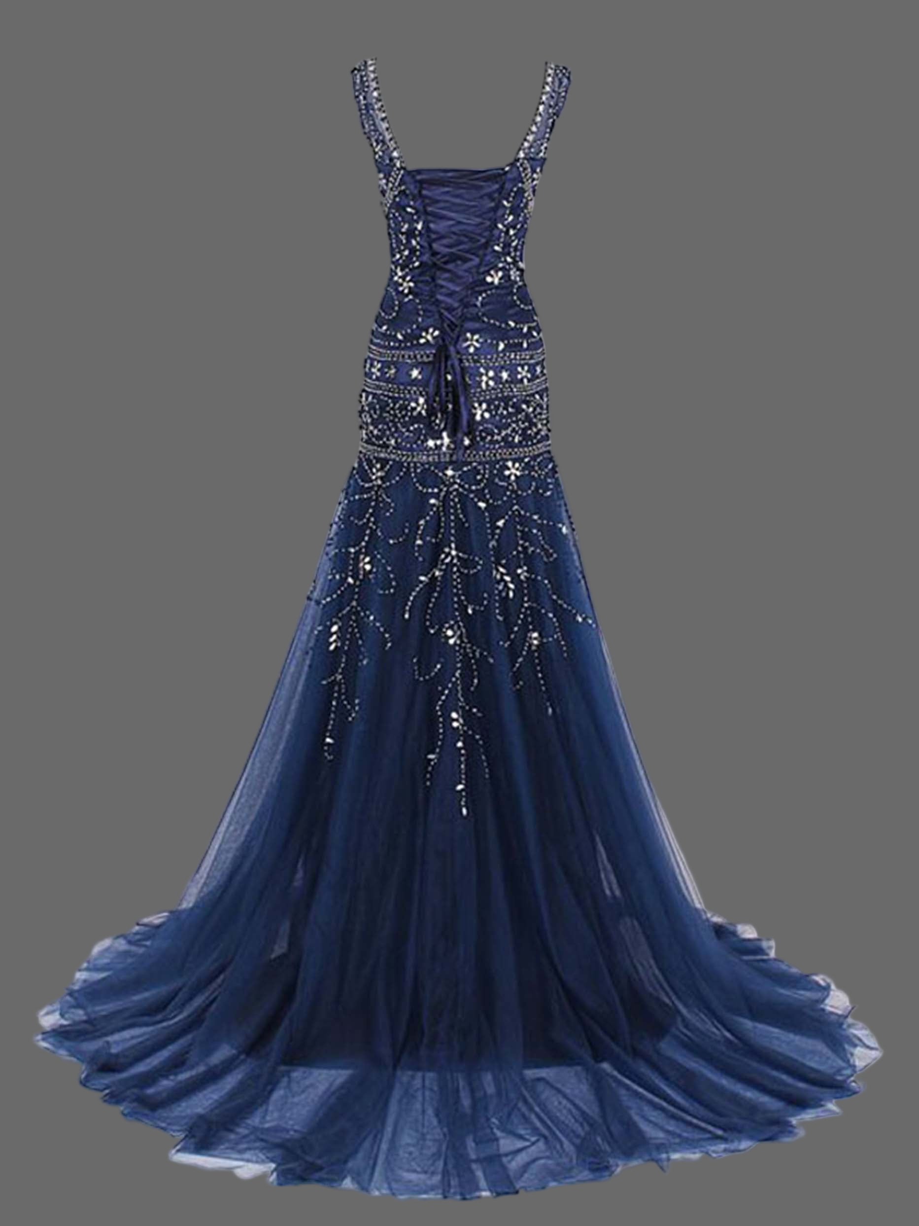 Navy Blue Beaded Mermaid Gown - Crystal Embellished Evening Dress with V-Neckline