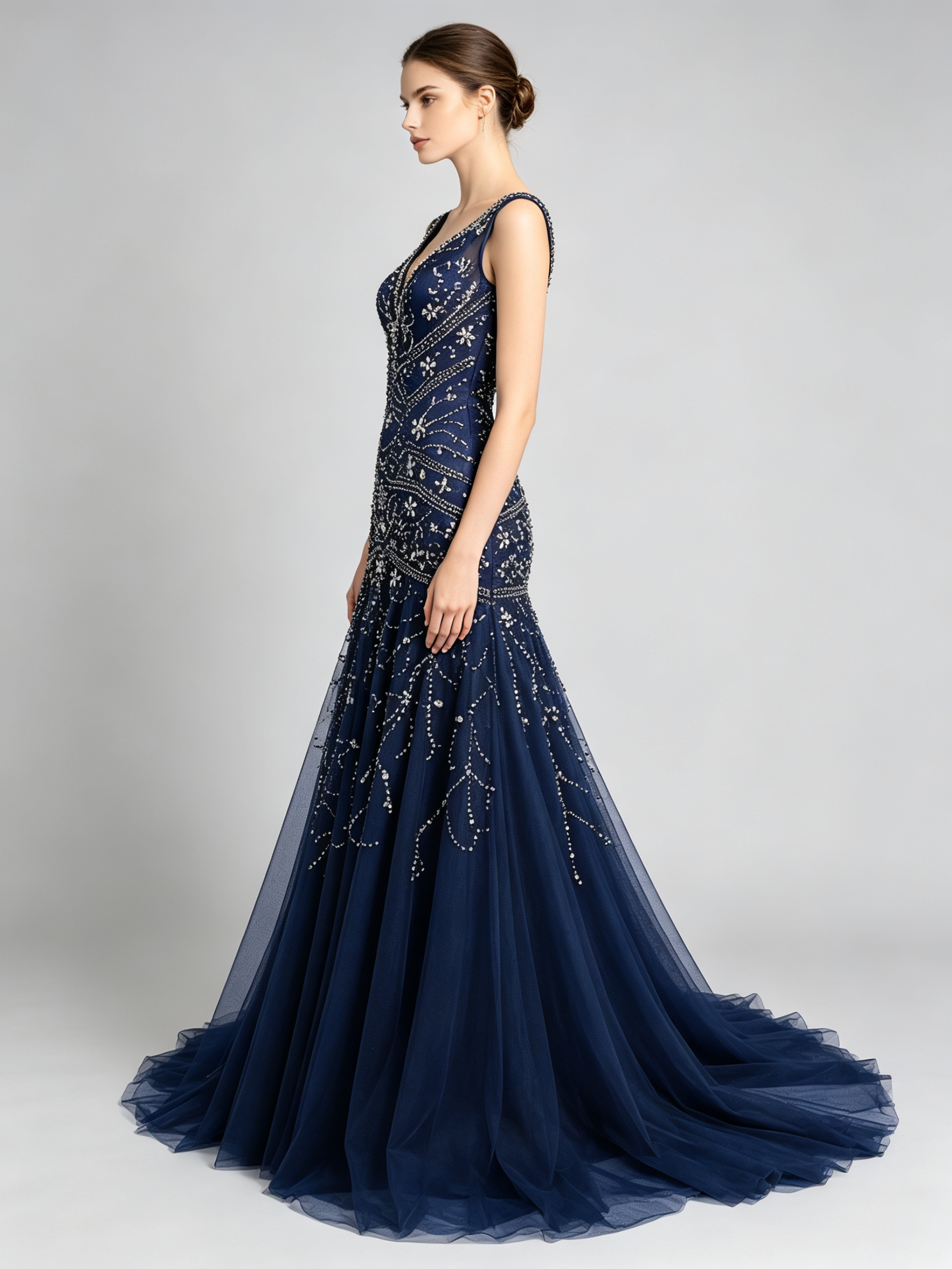 Navy Blue Beaded Mermaid Gown - Crystal Embellished Evening Dress with V-Neckline