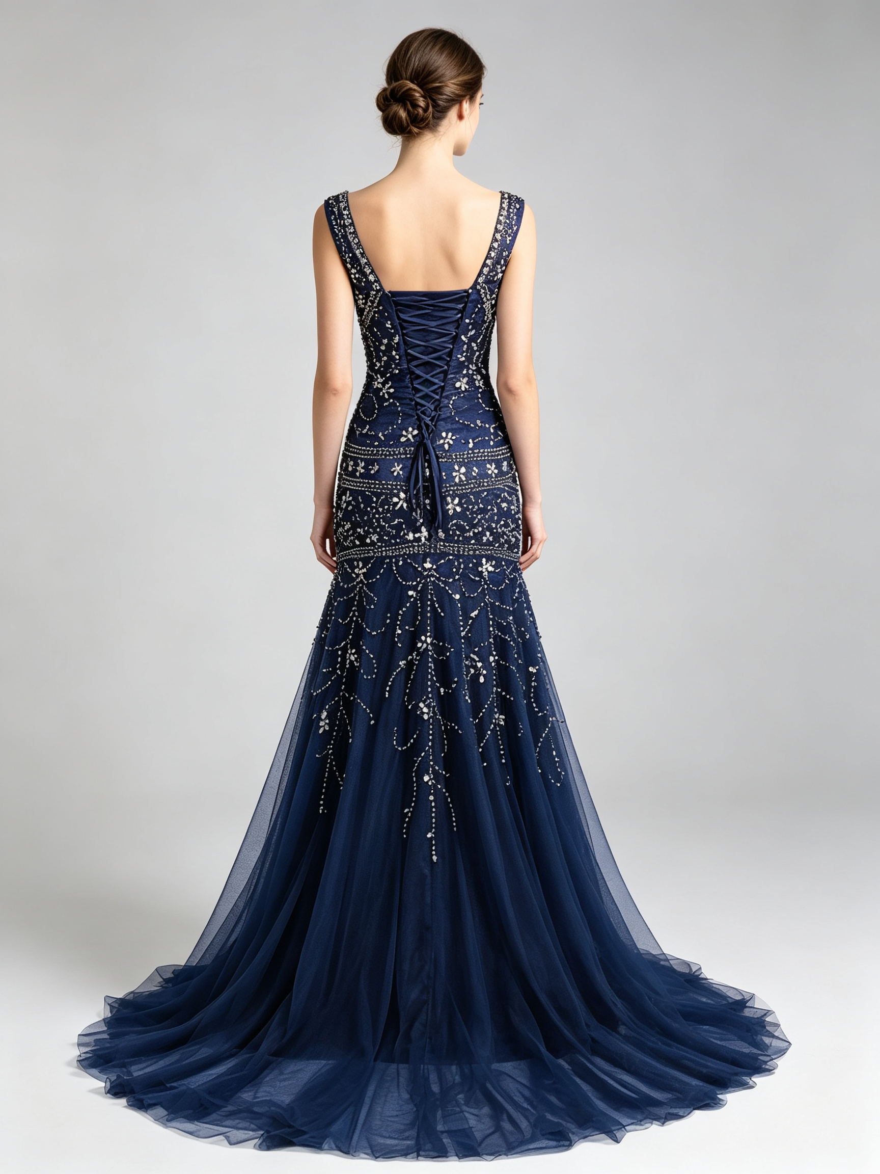Navy Blue Beaded Mermaid Gown - Crystal Embellished Evening Dress with V-Neckline